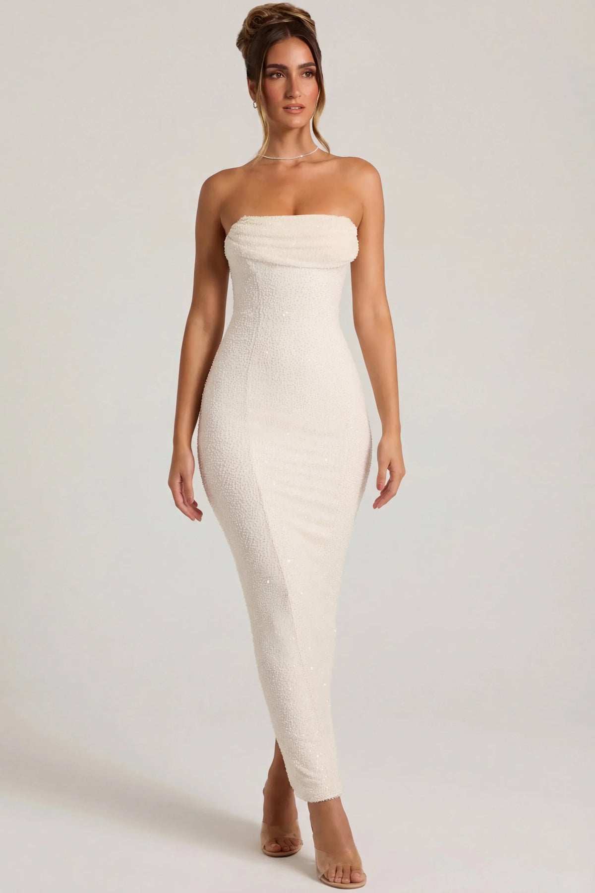 Embellished Bandeau Cowl Neck Maxi Dress in White