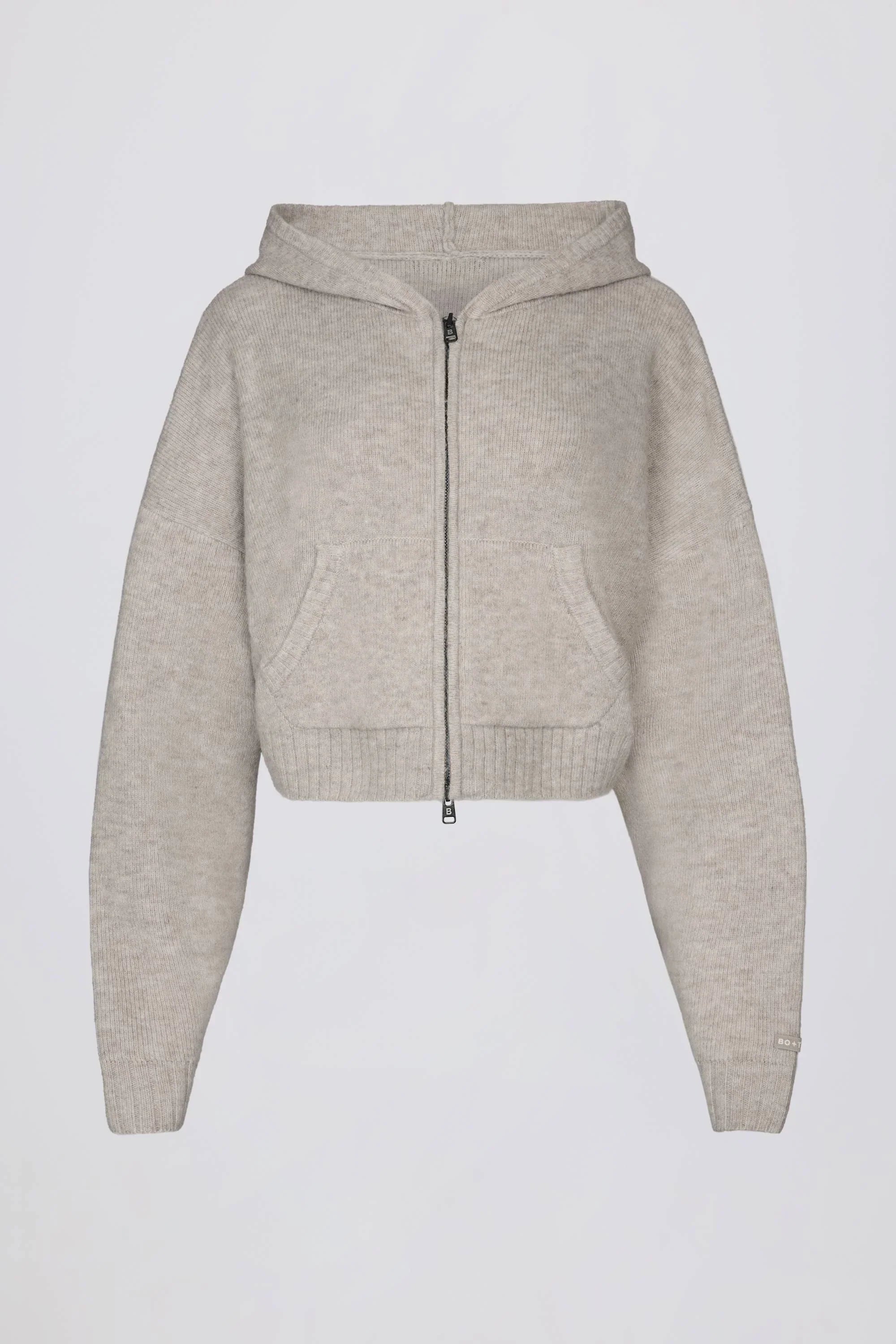 Soft Knit Zip Up Cropped Hoodie in Beige