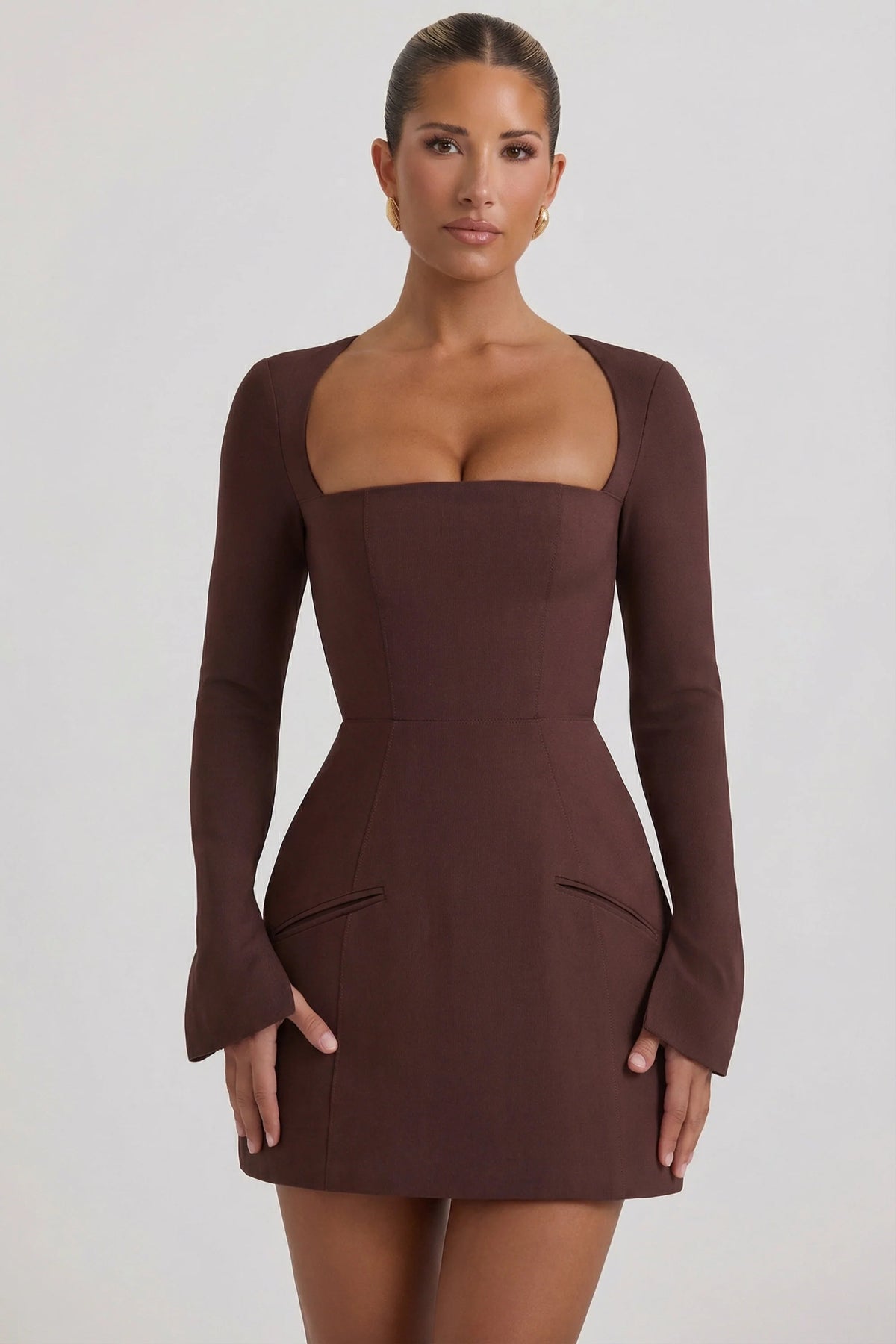 Square Neck Structured Tulip Mini Dress in Chocolate Brown