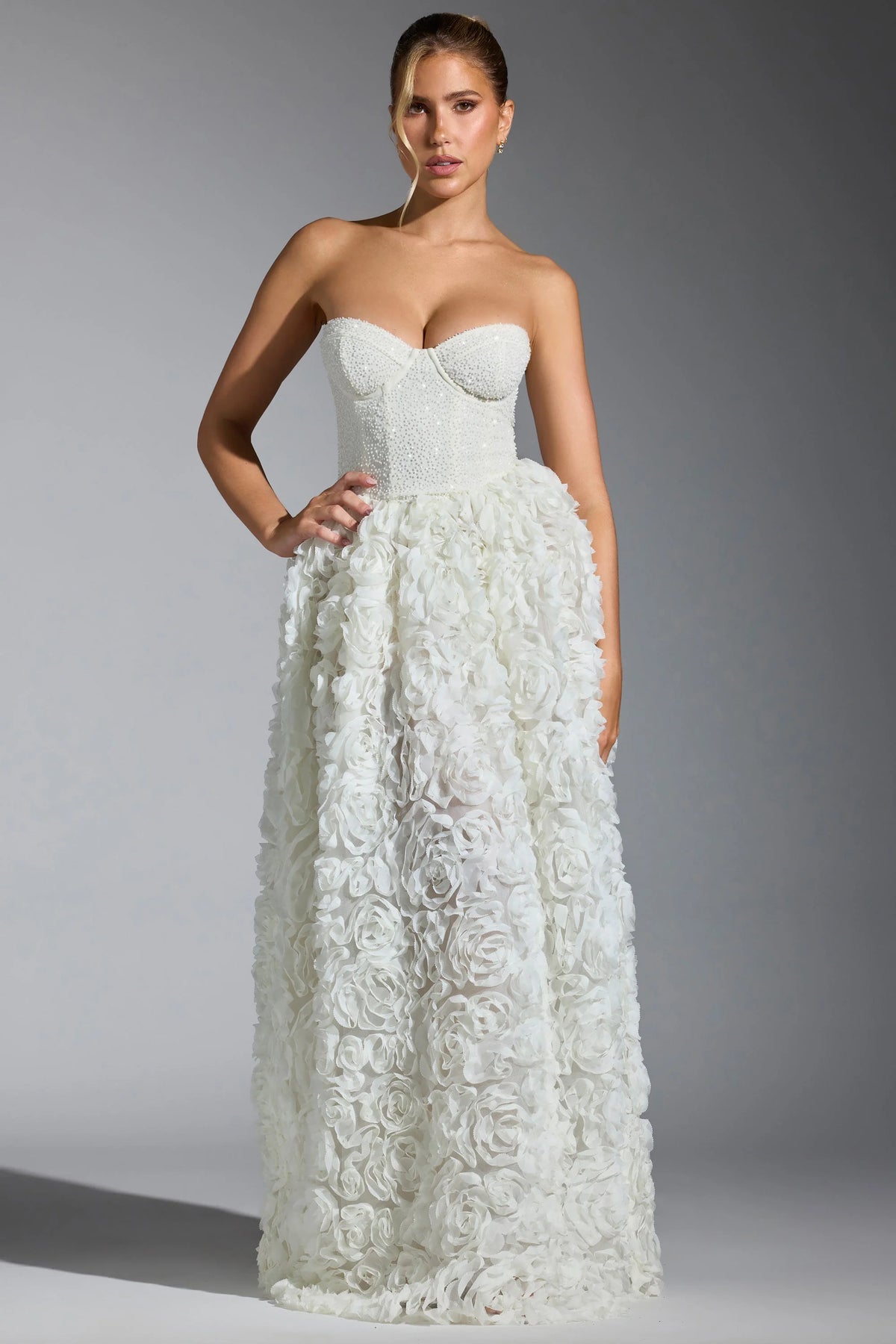 Embellished Floral Appliqué Corset Gown in White