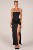Bandeau Draped Thigh High Maxi Dress in Black
