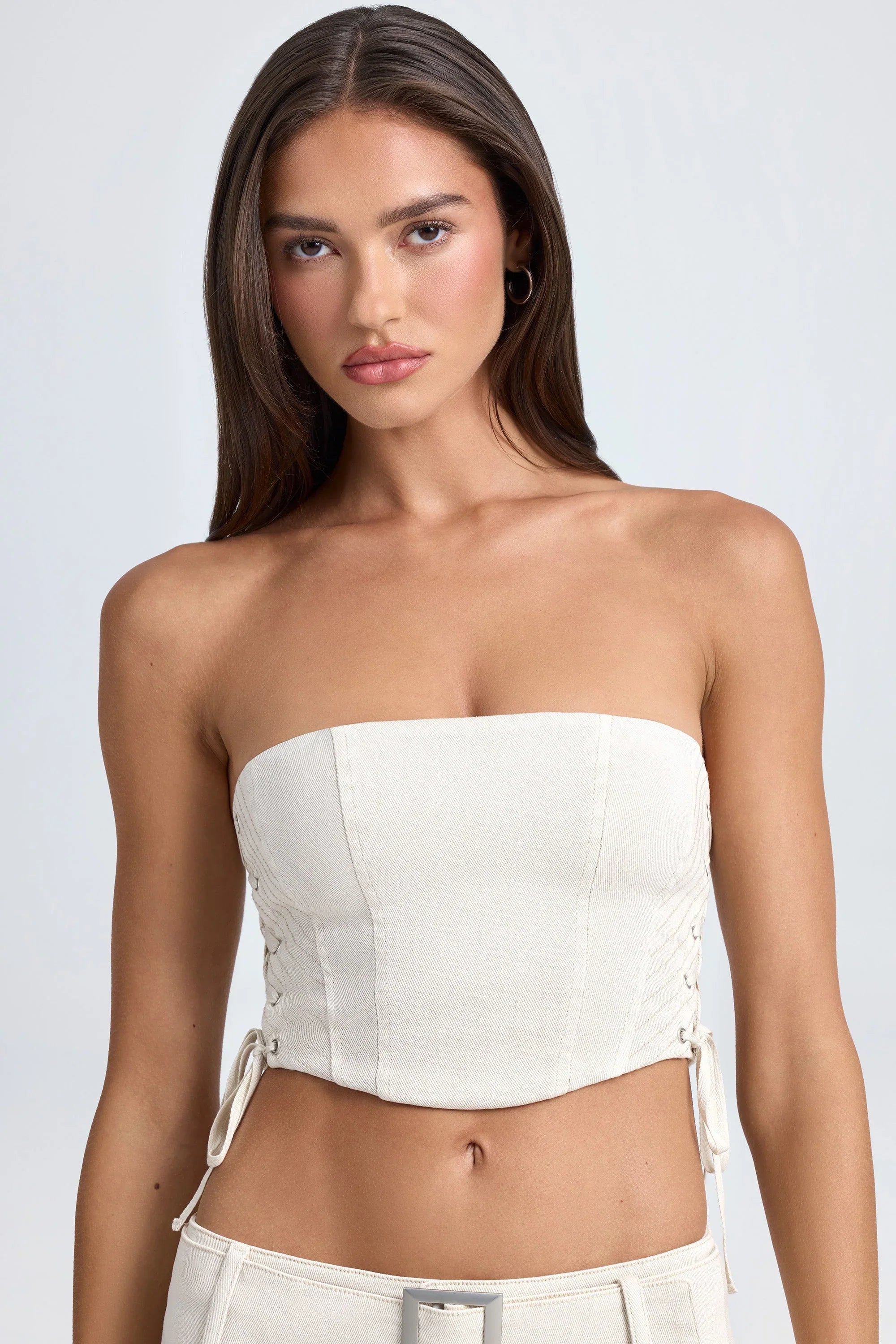 Bandeau Lace Up Corset Crop Top in Ecru