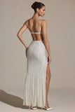 Embellished Cut Out Fishtail Maxi Dress in White