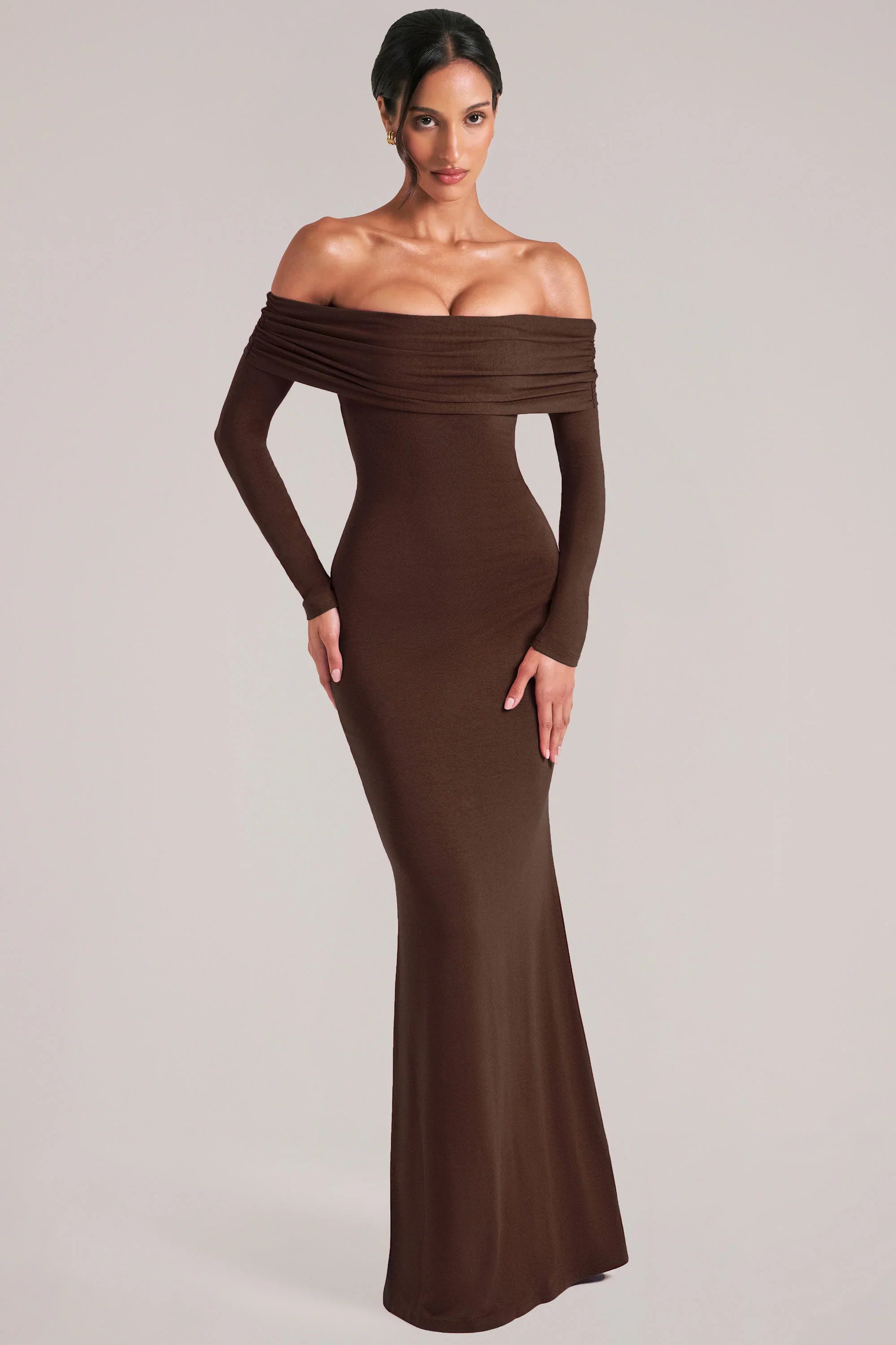 Off Shoulder Long Sleeve Maxi Dress in Chocolate Brown