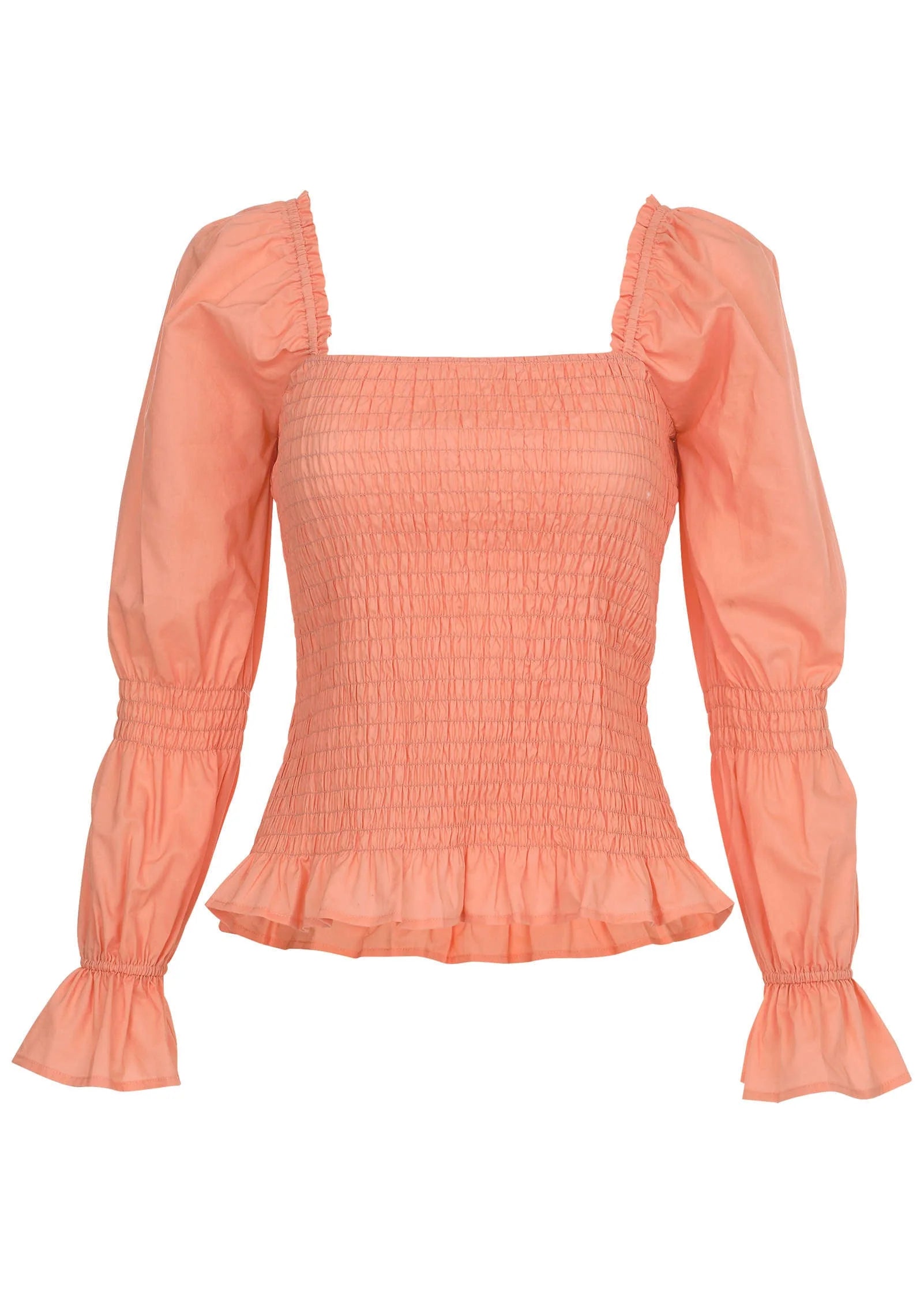 Smocked Ruffle Hem Top Coral