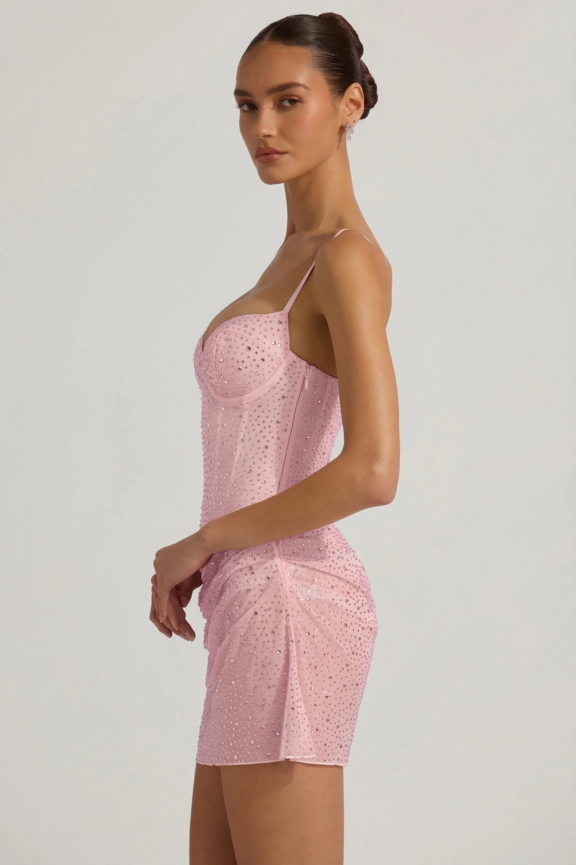 Semi Sheer Embellished Draped Corset Mini Dress in Pink