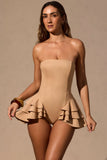 Ruffled Lace Up Corset Playsuit in Tan