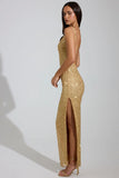 Embellished Scoop Neck Thigh Split Maxi Dress in Gold