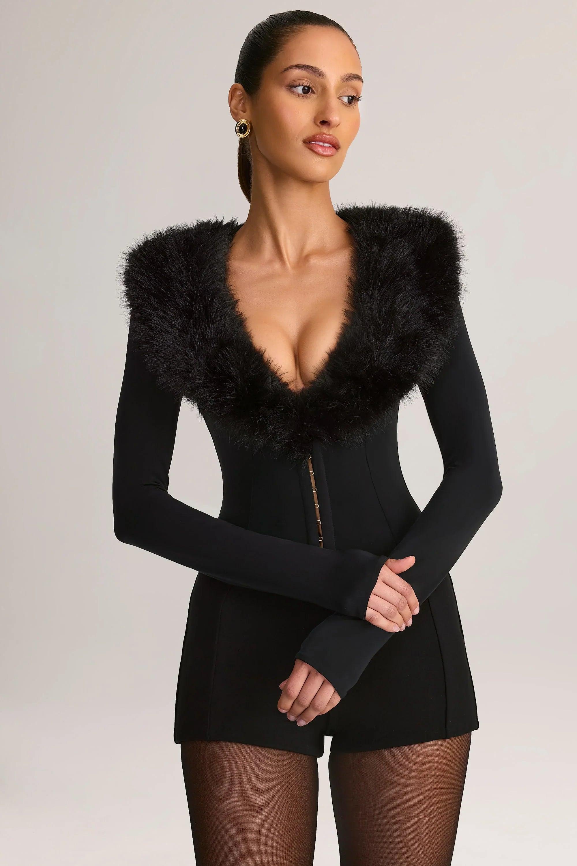 Faux Fur Trim Corset Playsuit in Black