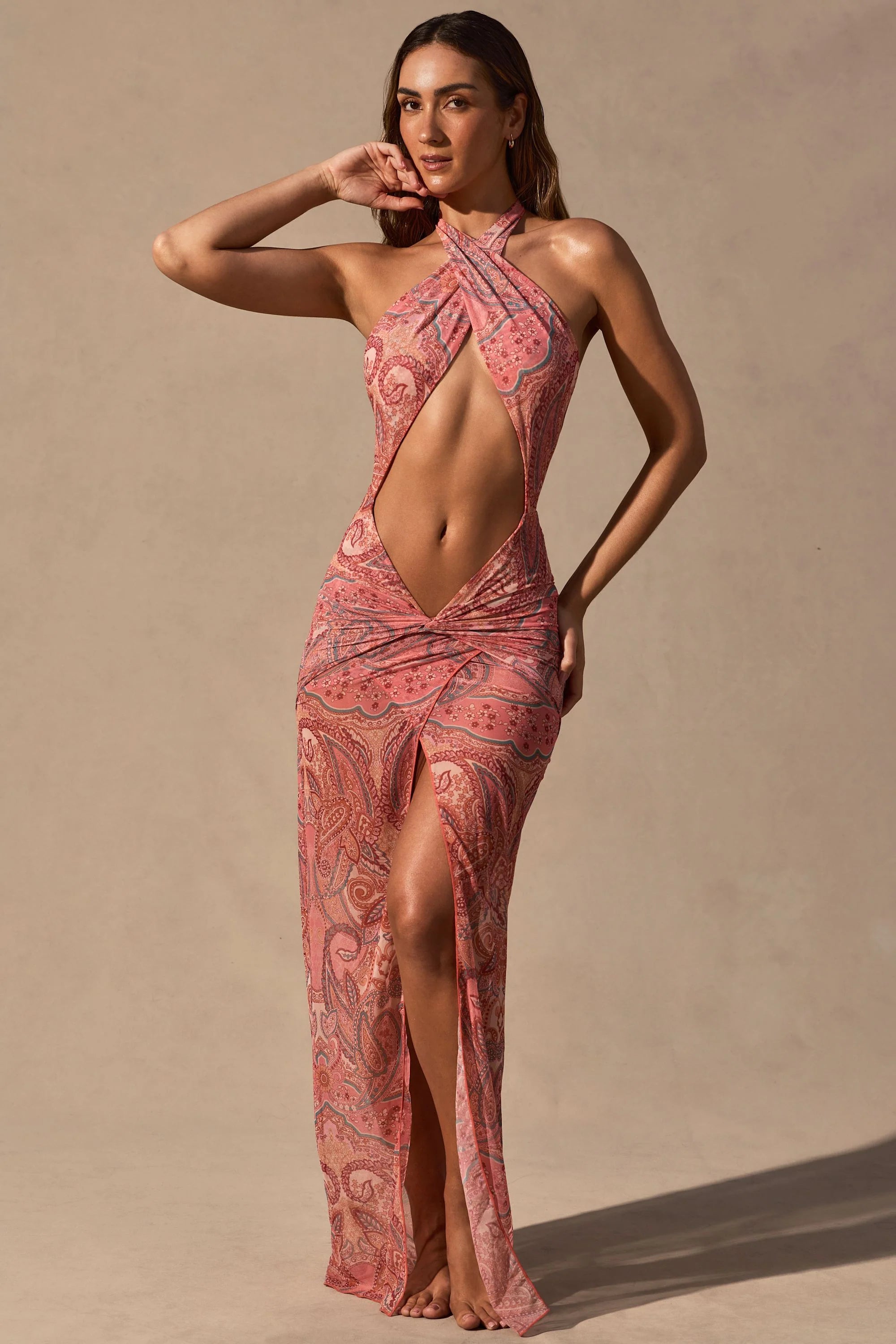Cut Out Halterneck Maxi Dress in Paisley Print