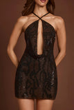 Embellished Halterneck Cowl A line Mini Dress in Brown Snake