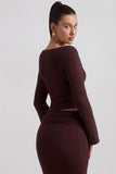 Ribbed Knit Slash Neck Top in Espresso