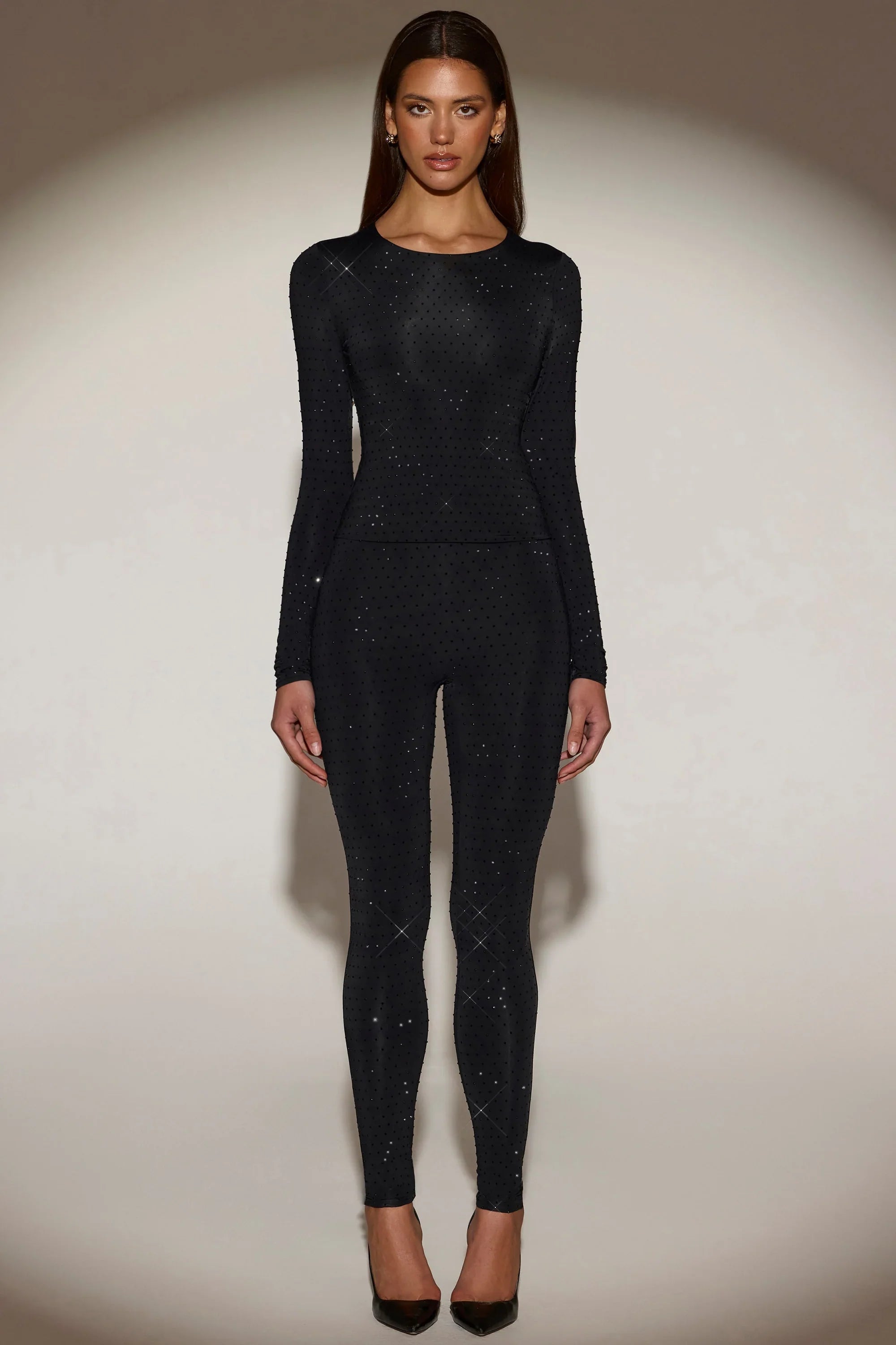 Embellished Crew Neck Long Sleeve Top in Black