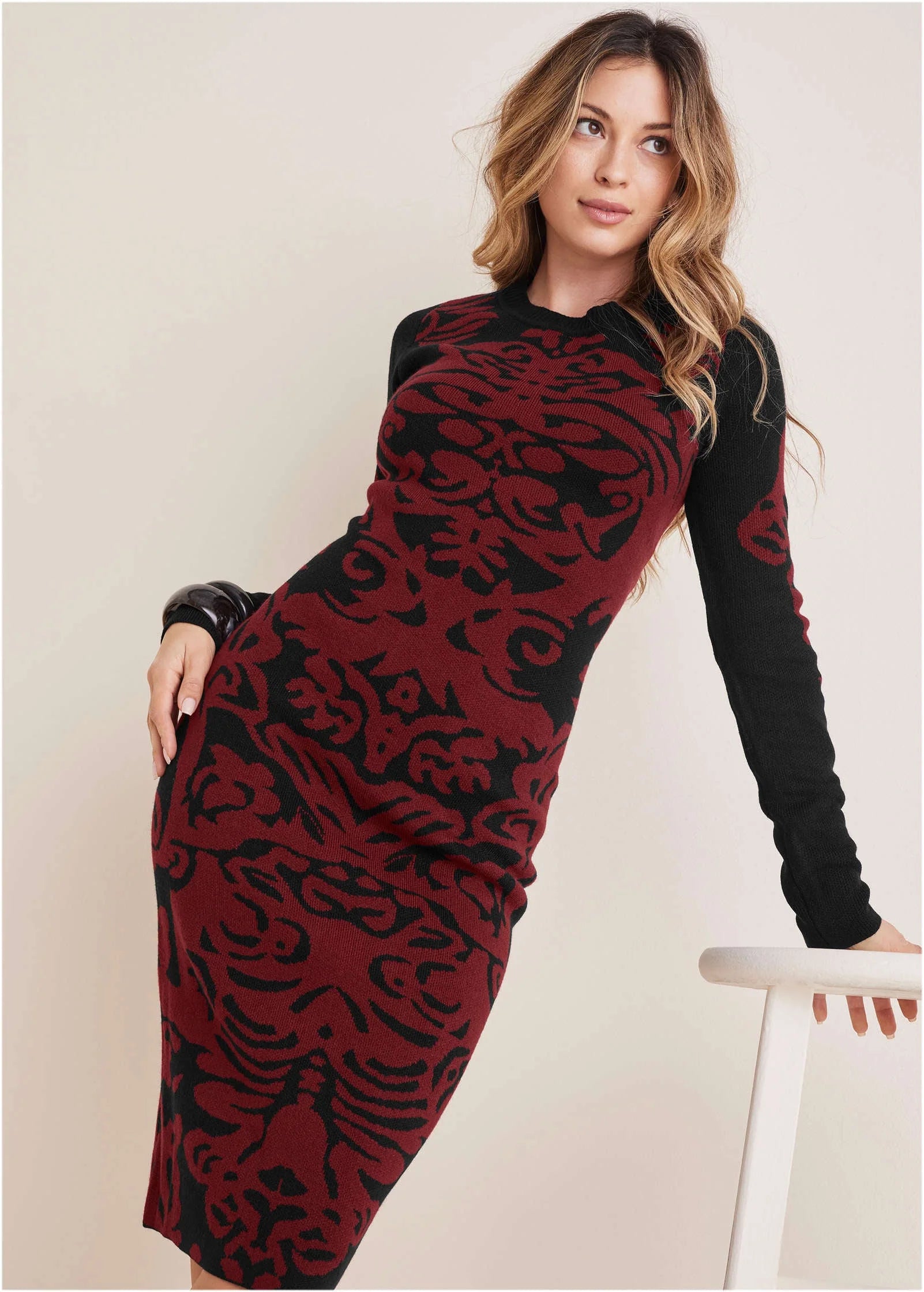 Printed Midi Sweater Dress Black Wine
