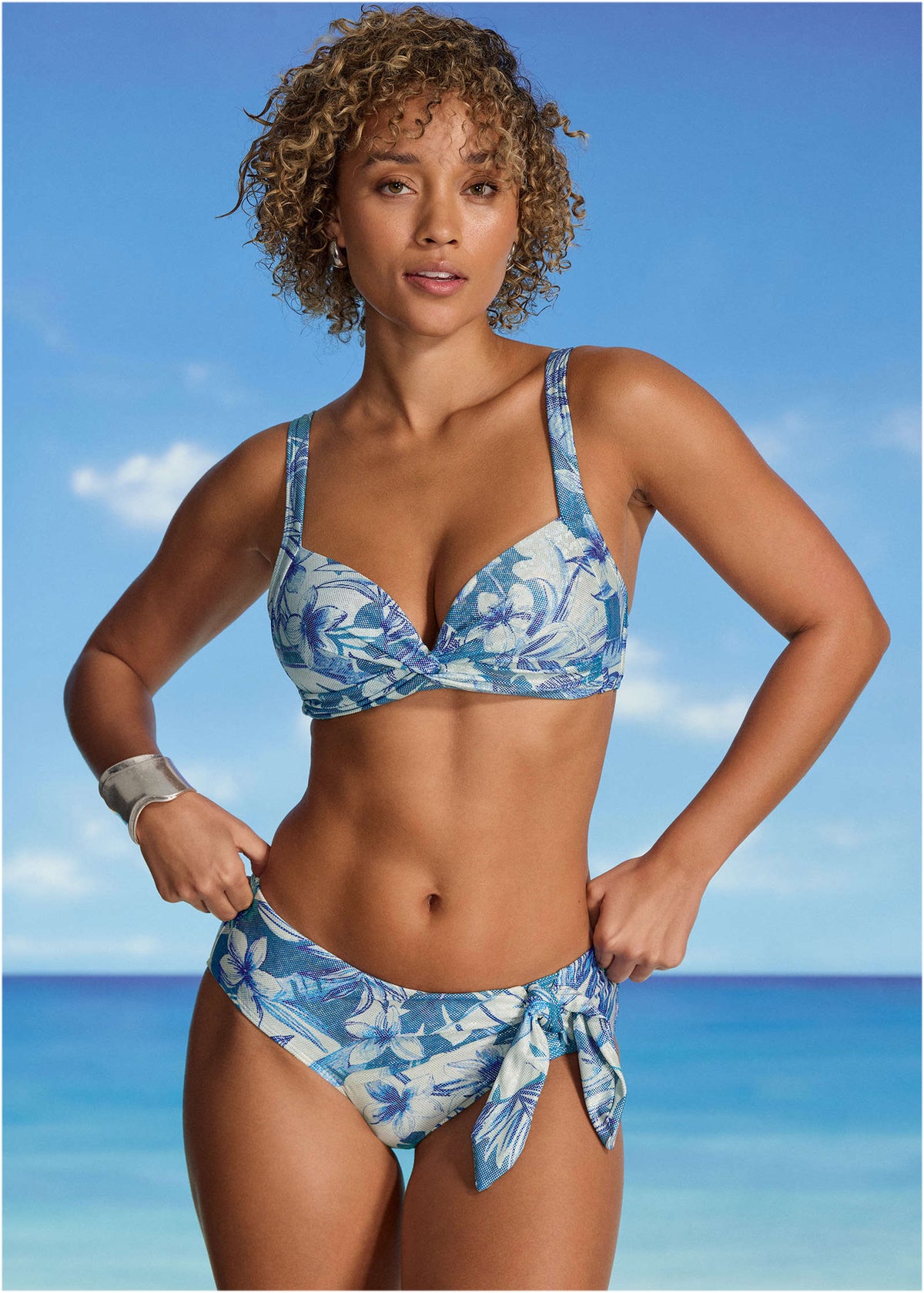 Shine St Lucia Twist Front Top Denim Botanical