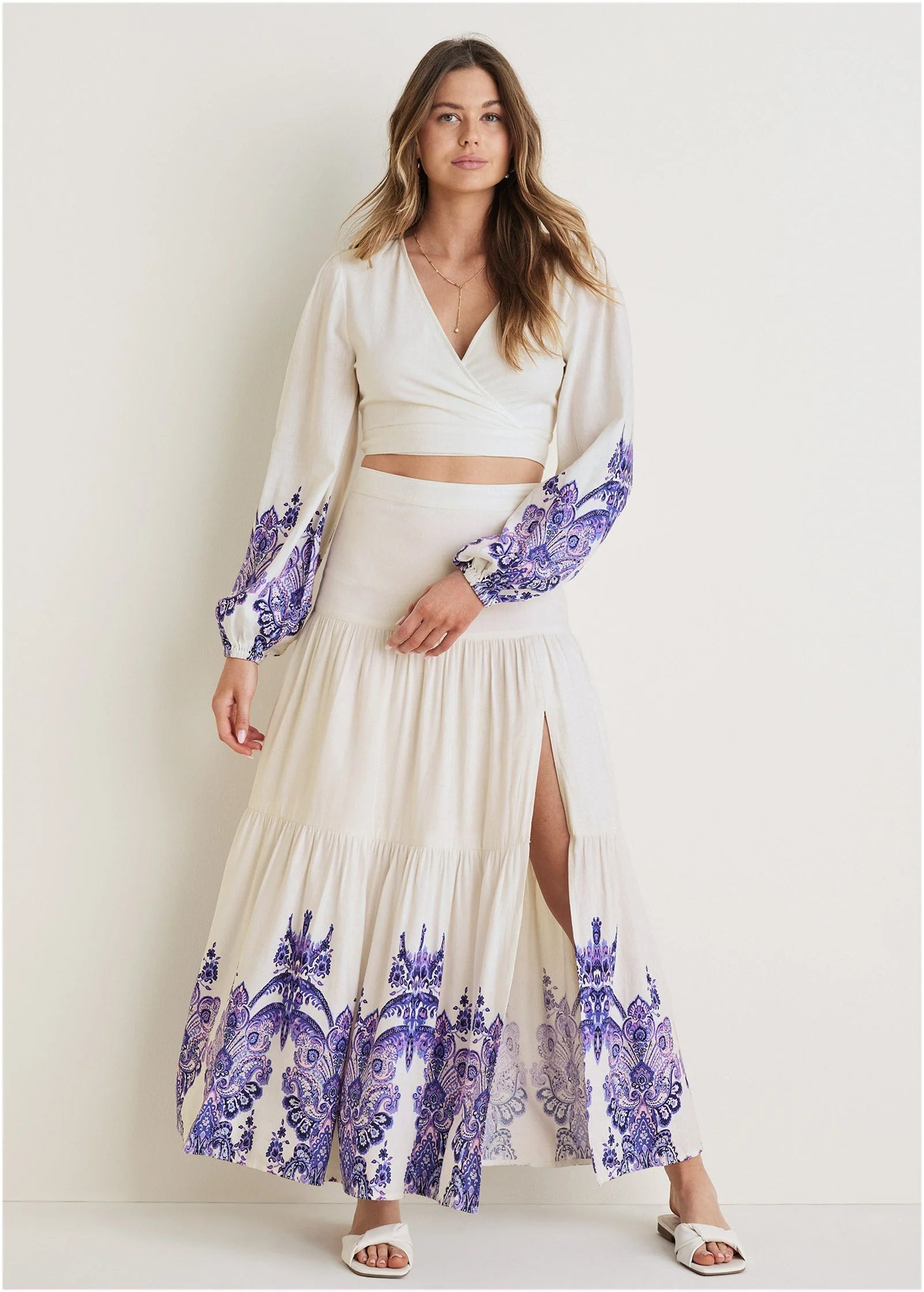Printed Linen Two Piece Set Purple Paisley Border