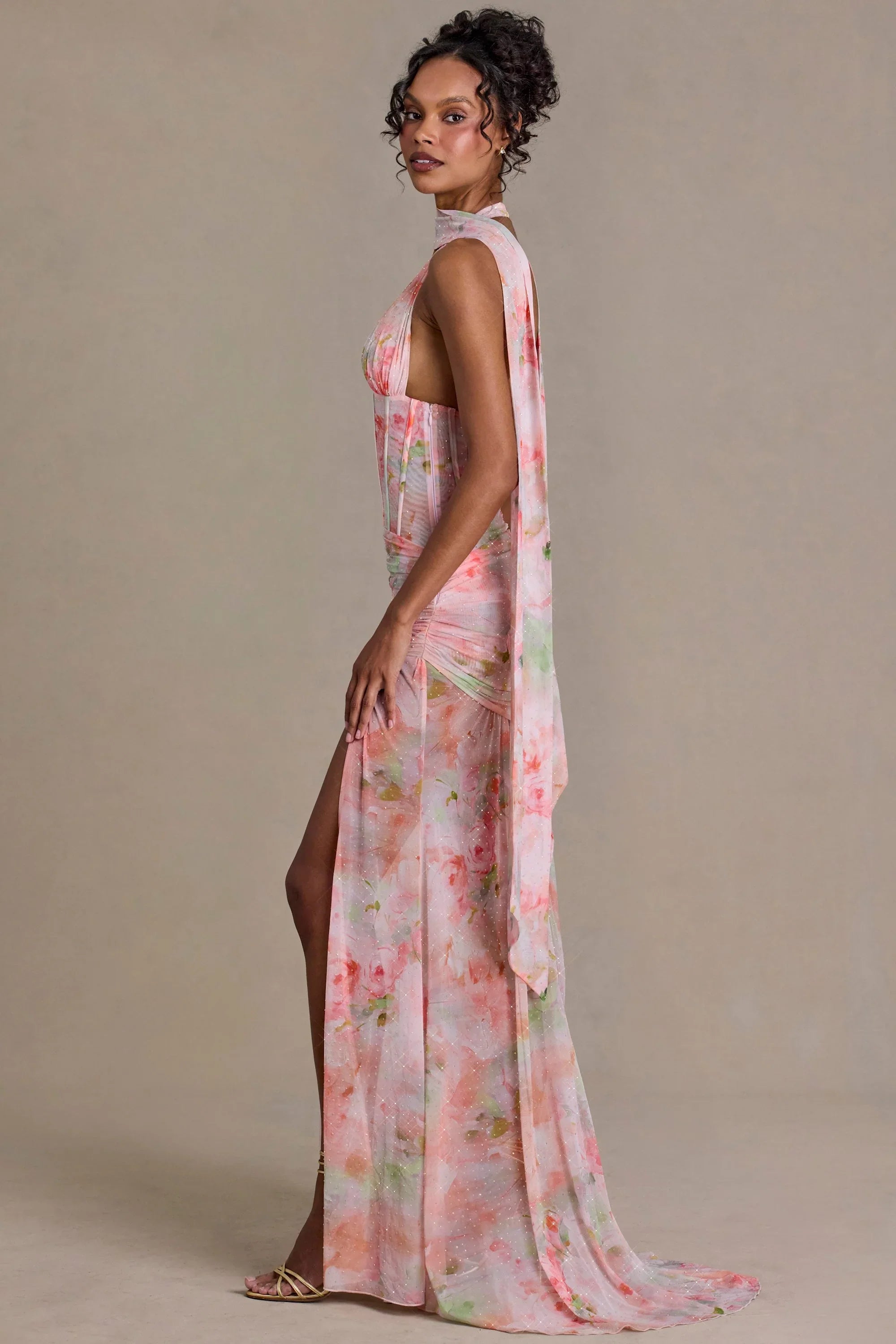 Embellished Scarf Detail Maxi Dress in Pink Floral Print