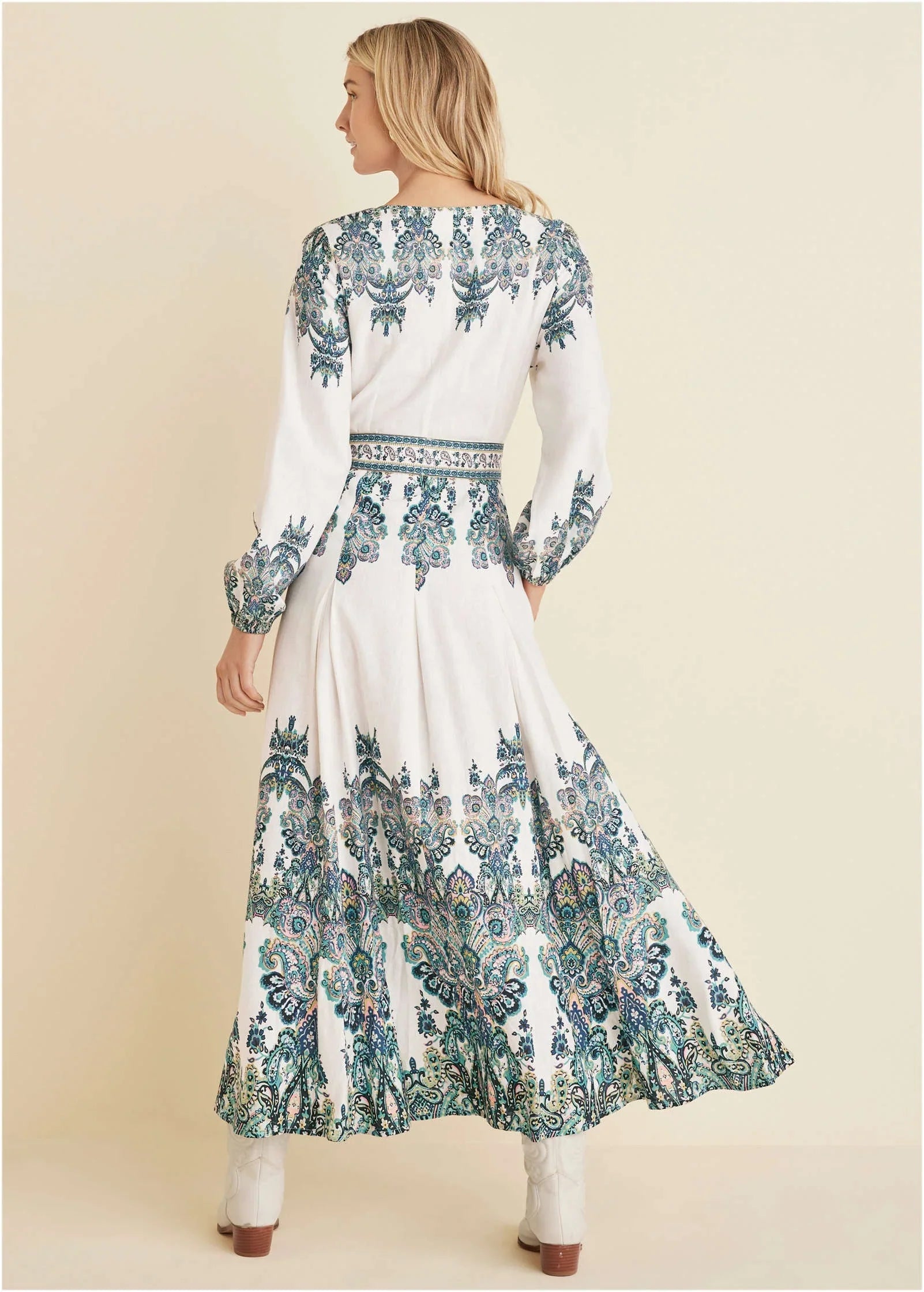 Tie Waist Linen Maxi Dress White Multi