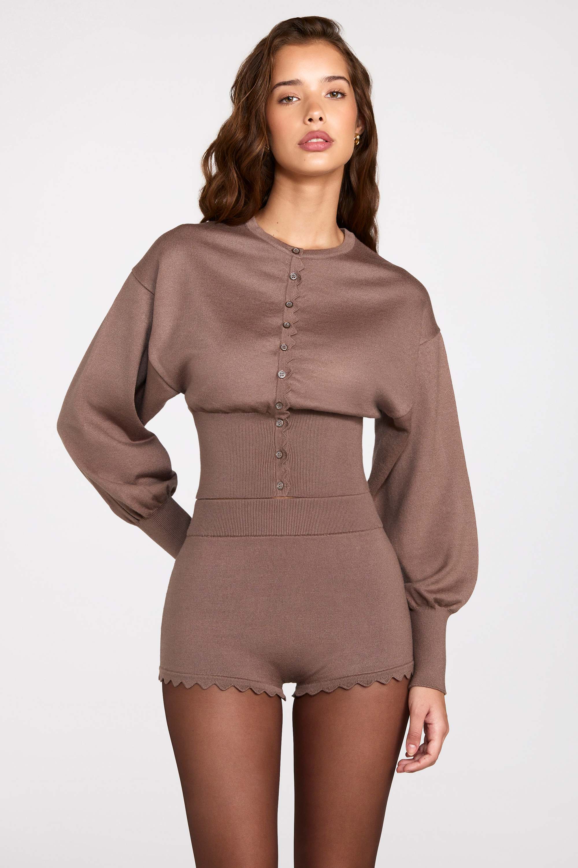 Knit Mid Rise Mini Shorts in Mocha