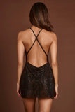 Embellished Halterneck Cowl A line Mini Dress in Brown Snake