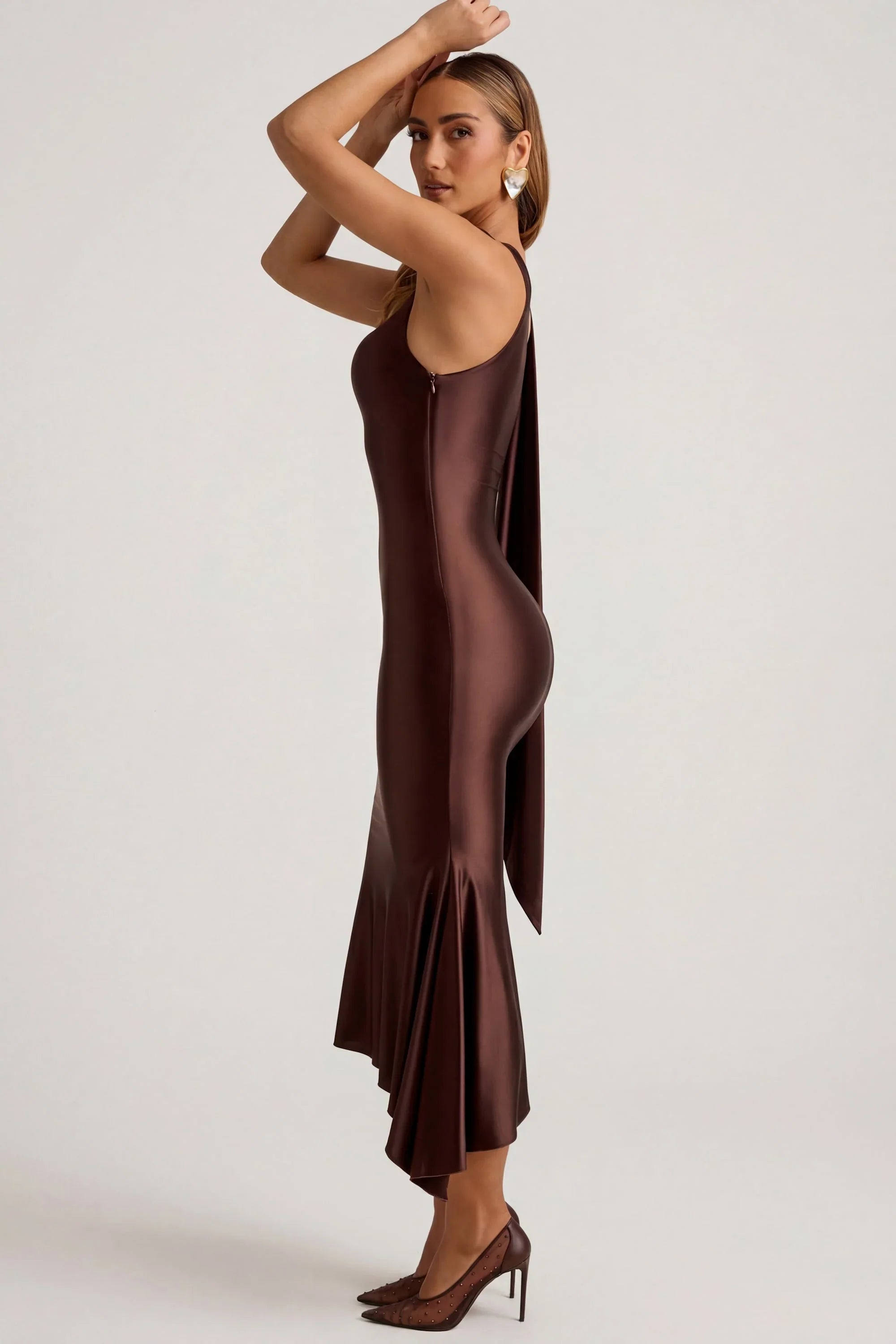 Asymmetric Scarf Detail Midaxi Dress in Chocolate Brown