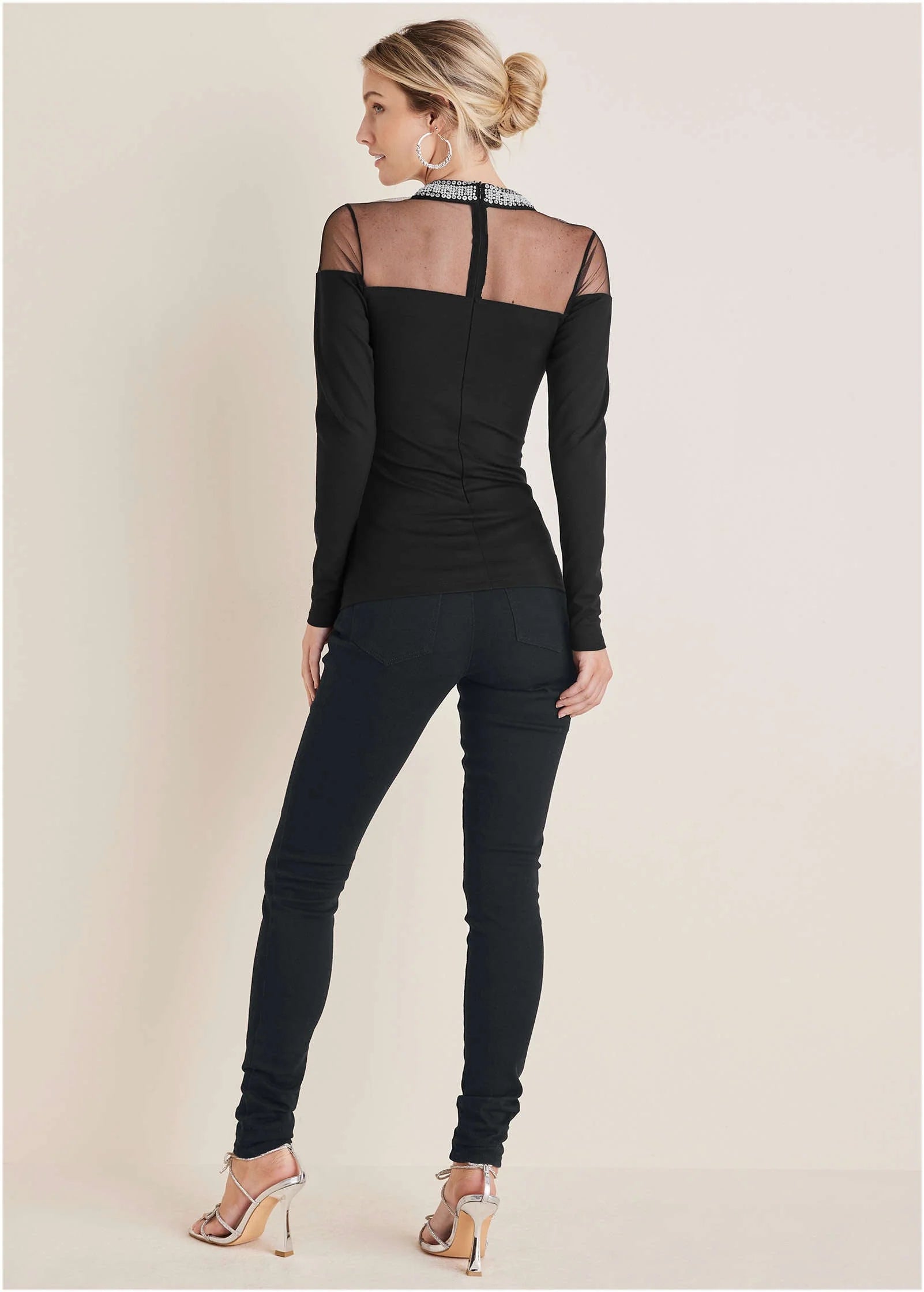 Embellished Neck Mesh Top Jet Black