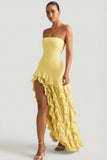 Ruffle Trim Strapless Gown in Pastel Yellow