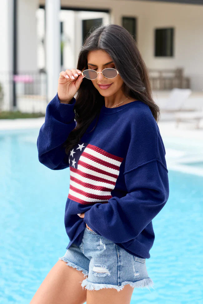Home Of The Free Navy Textured Flag Sweater