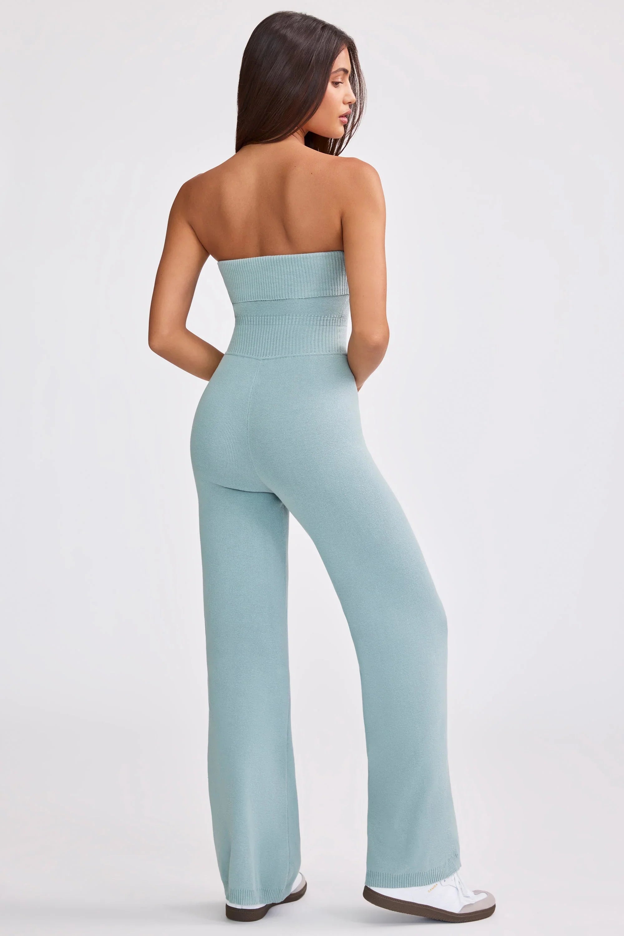 Chunky Knit Bandeau Kick Flare Jumpsuit in Dusty Teal