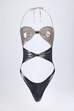 Panelled Cut out Swimsuit in Silver Chrome