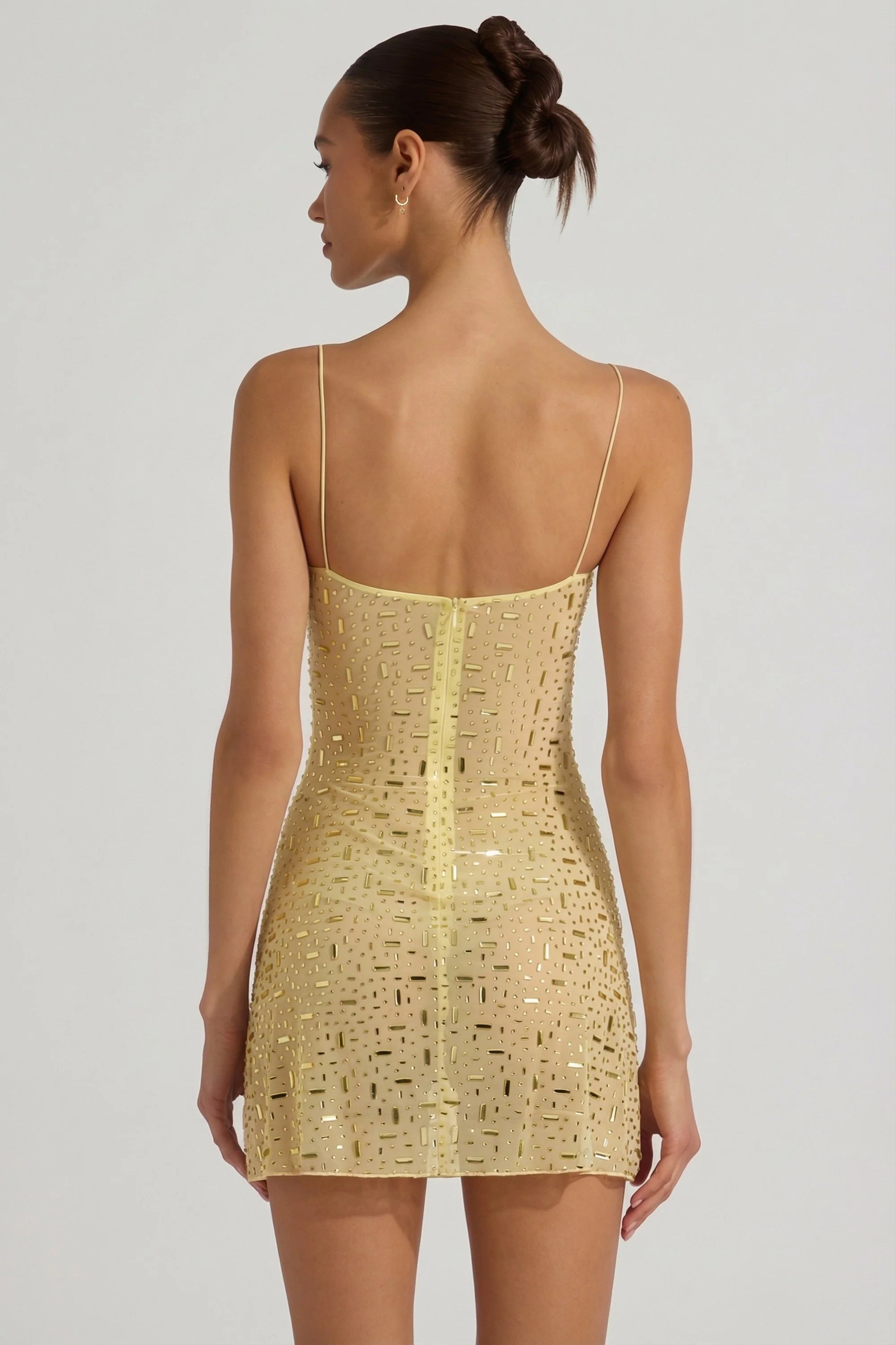 Sheer Embellished Square Neck Mini Dress in Yellow
