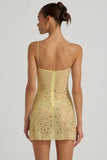 Sheer Embellished Square Neck Mini Dress in Yellow