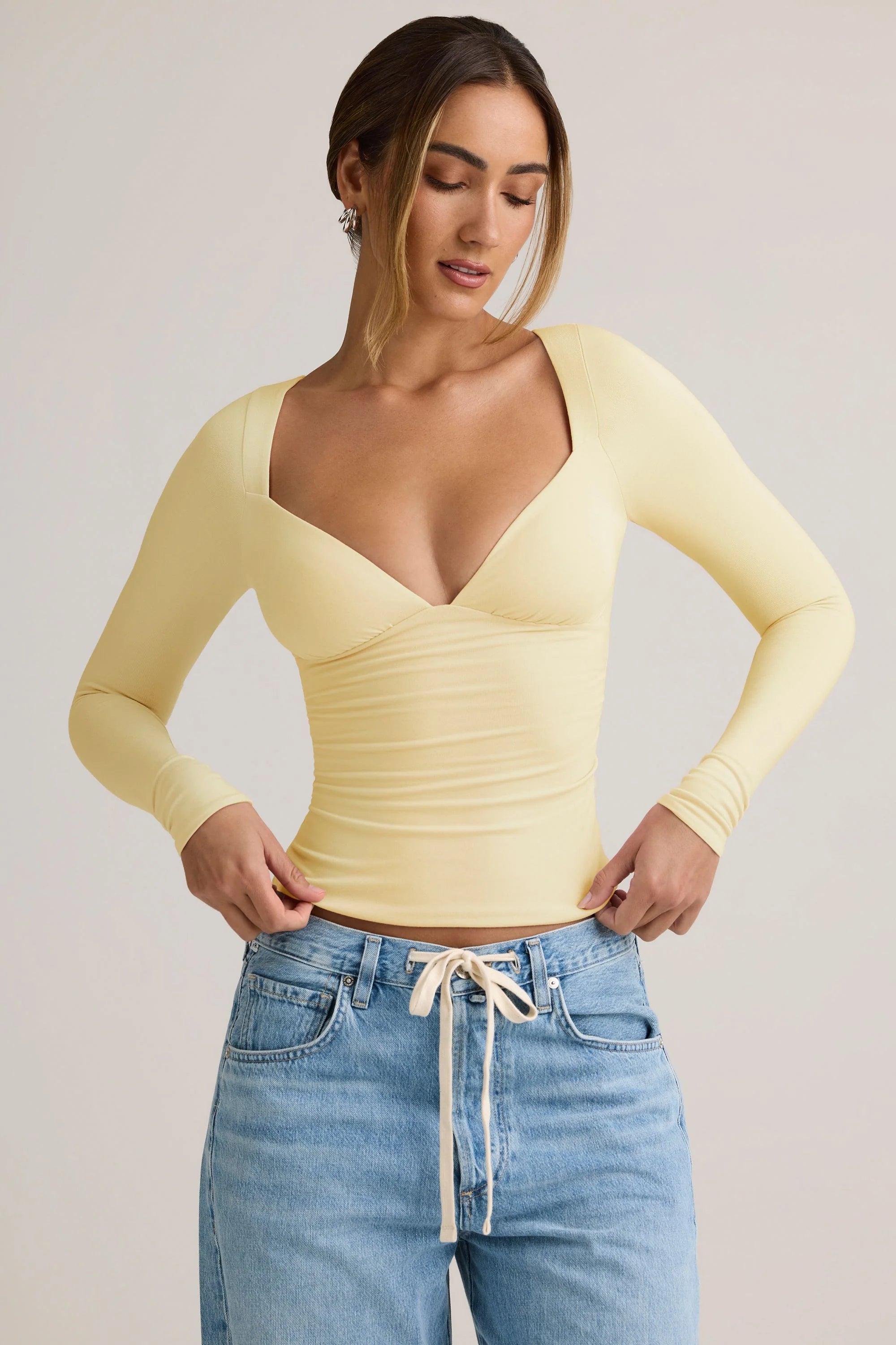 Modal Ruched Long Sleeve Top in Buttercream Yellow