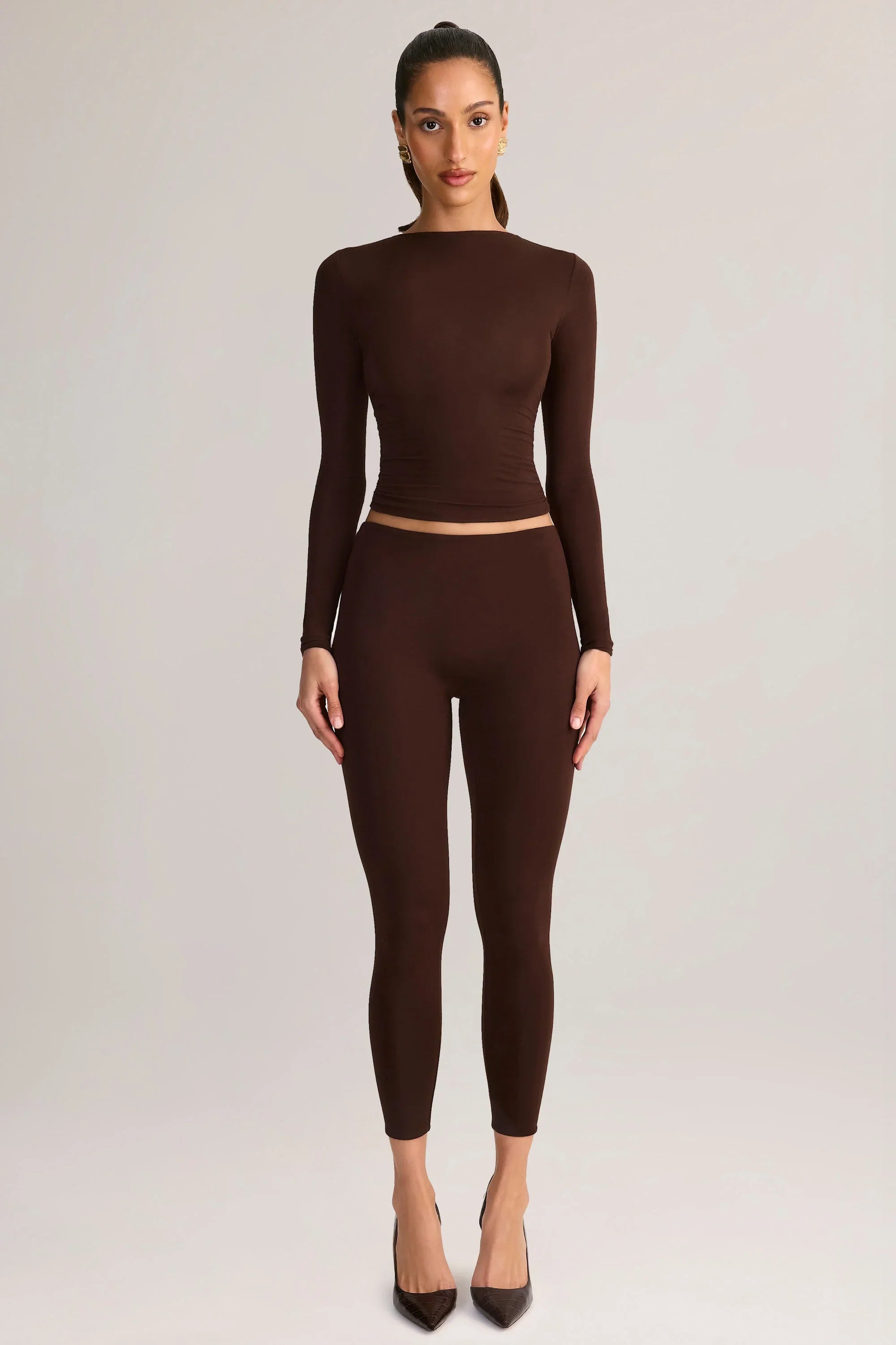 Modal Mid Rise Cropped Leggings in Chocolate Brown