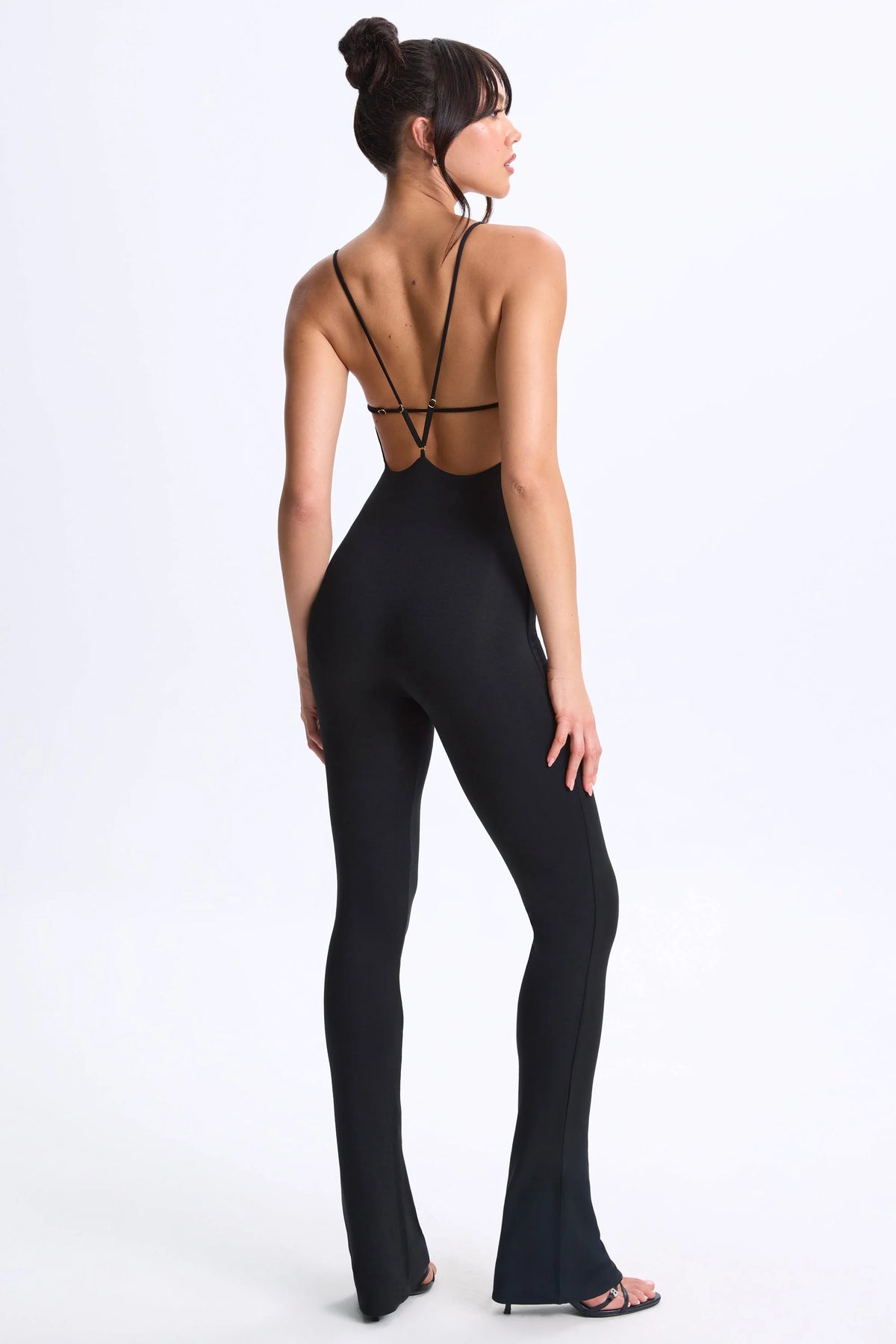 Modal Plunge Open Back Flared Jumpsuit in Black