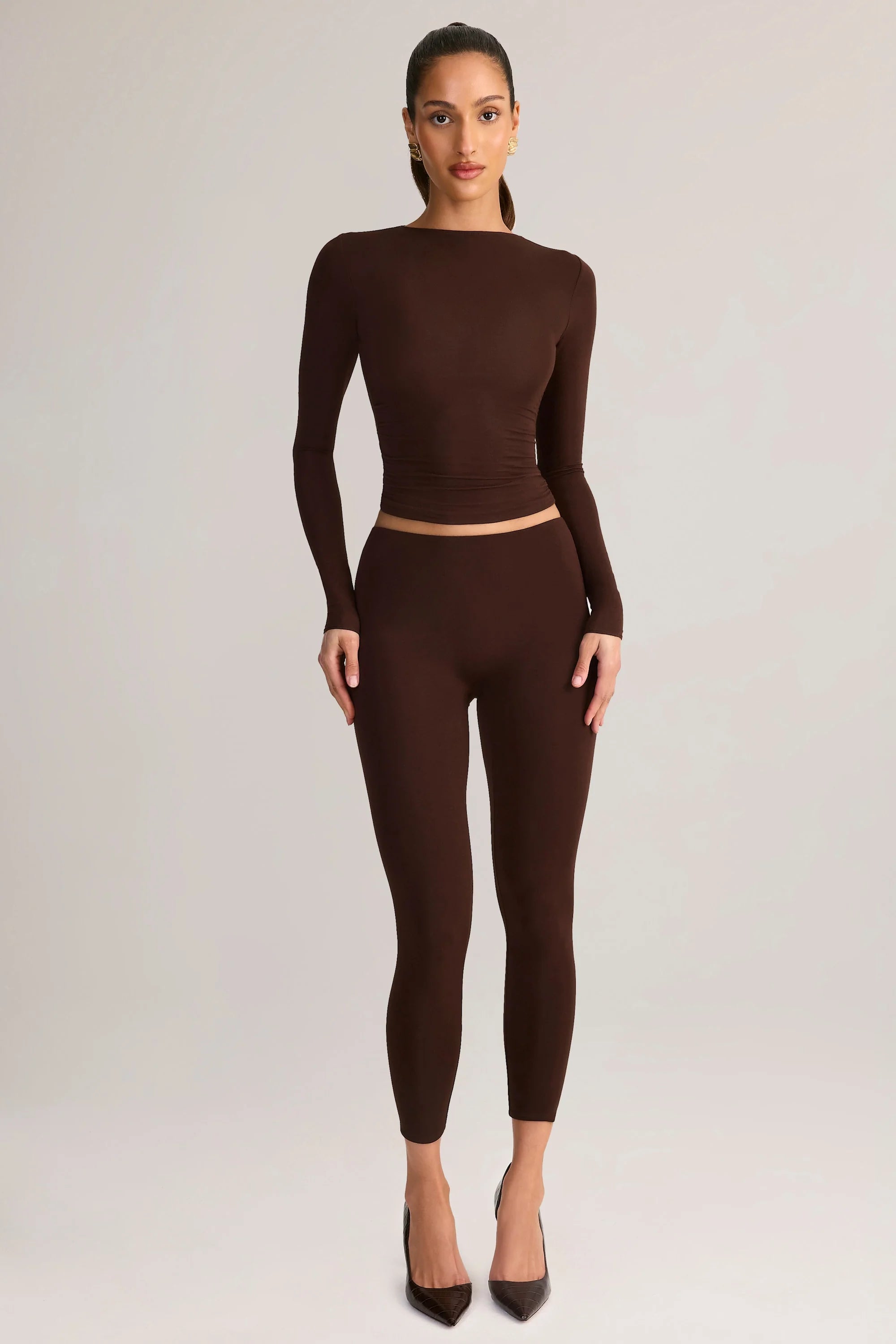 Modal Mid Rise Cropped Leggings in Chocolate Brown