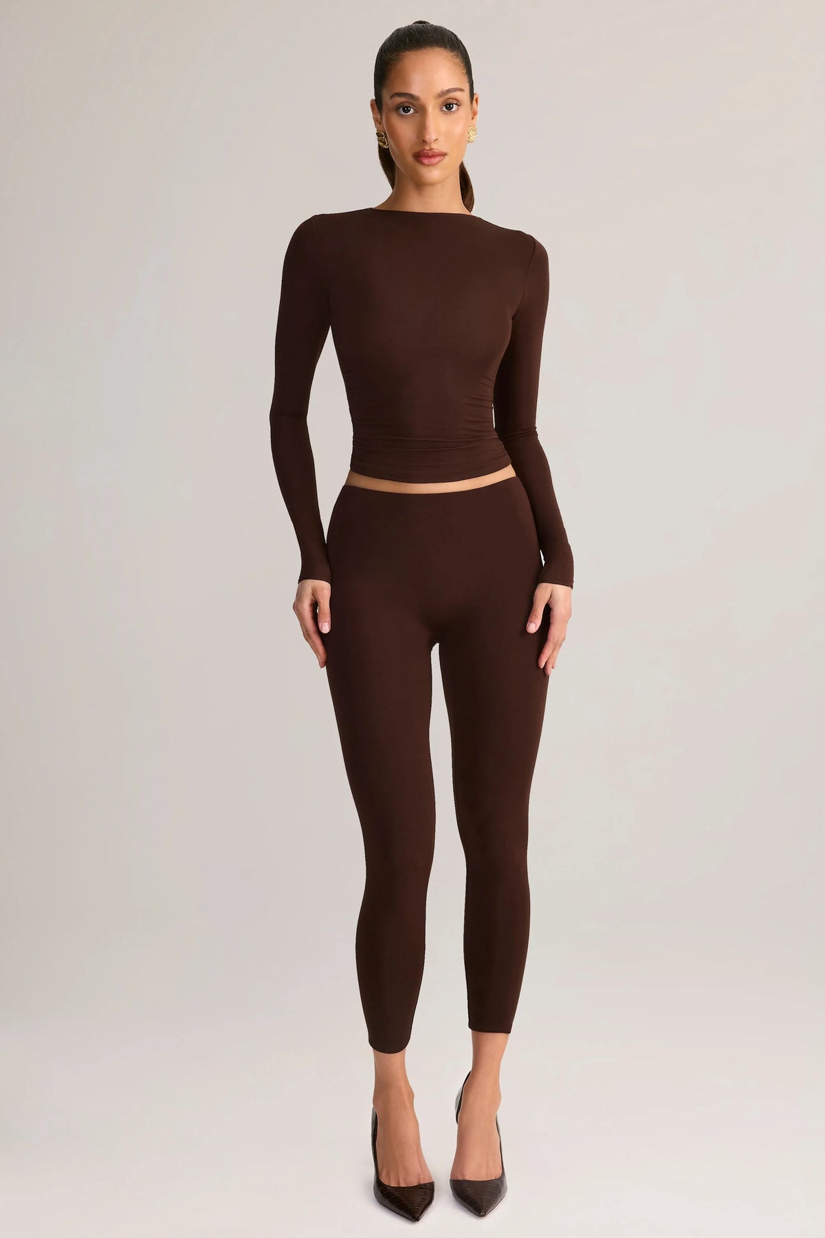 Modal Mid Rise Cropped Leggings in Chocolate Brown