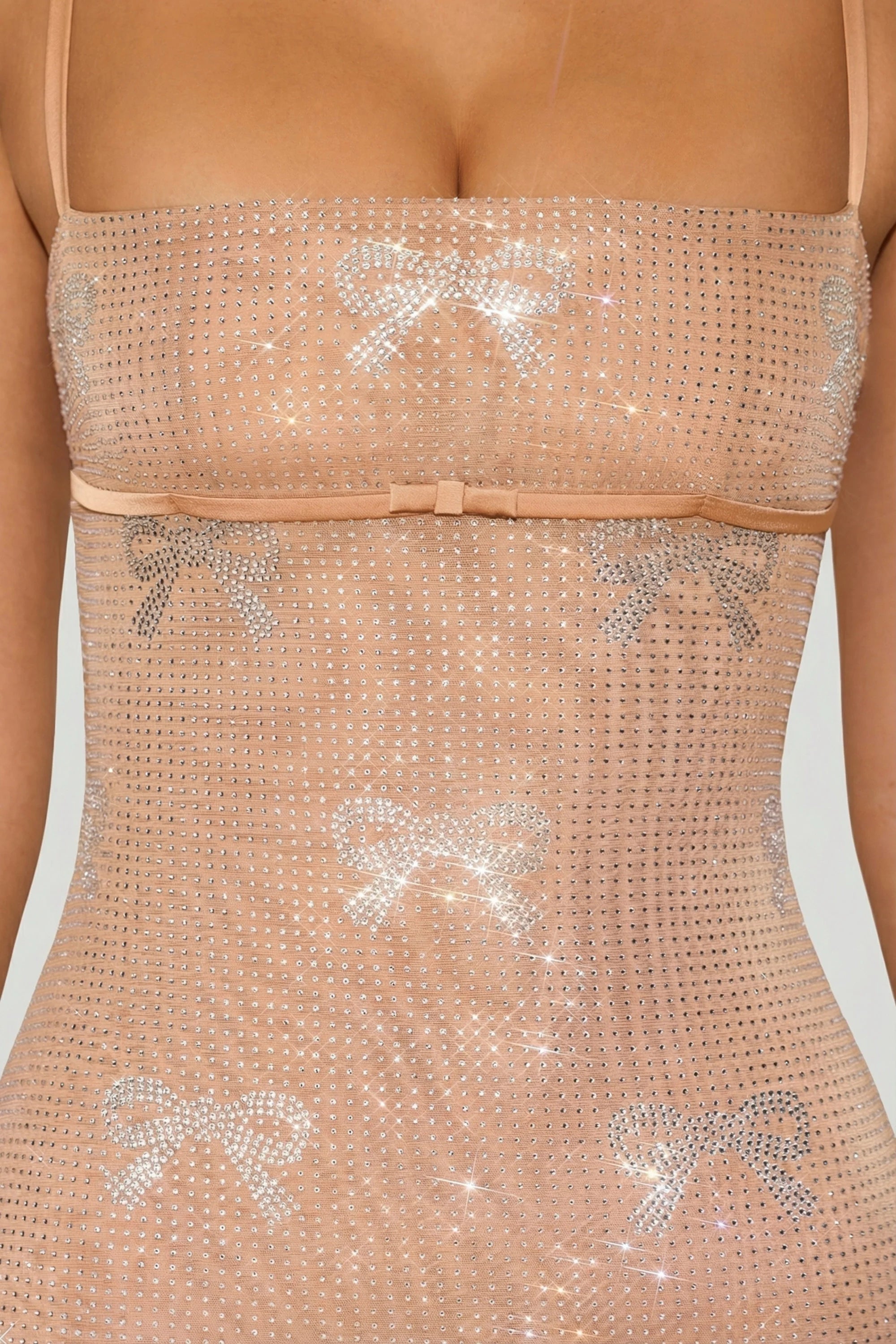 Embellished Bow Detail Mini Dress in Almond