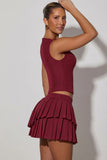 Layered Pleated Low Rise Mini Skirt in Wine Red