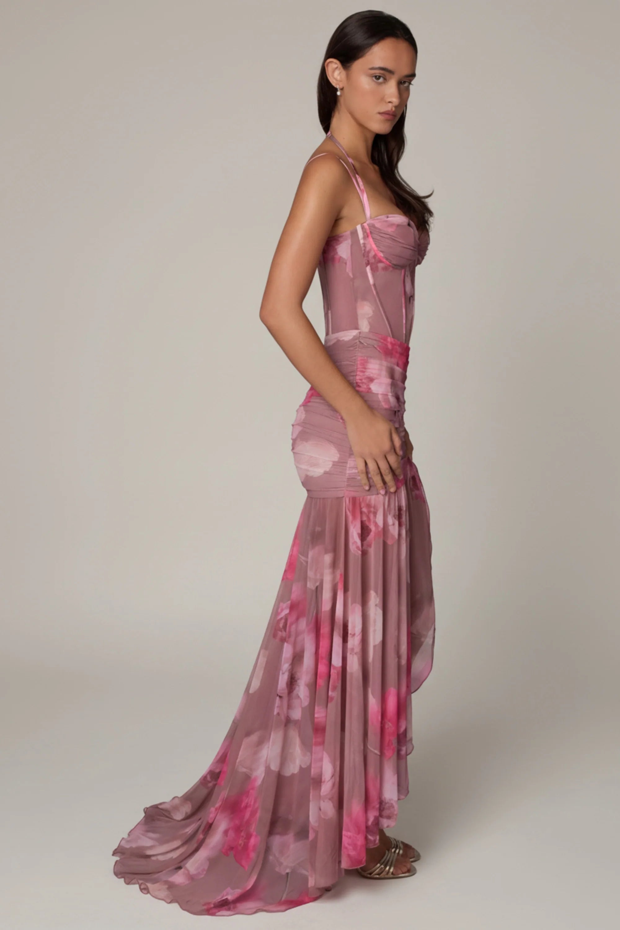 Ruched Asymmetric Corset Gown in Blurred Floral