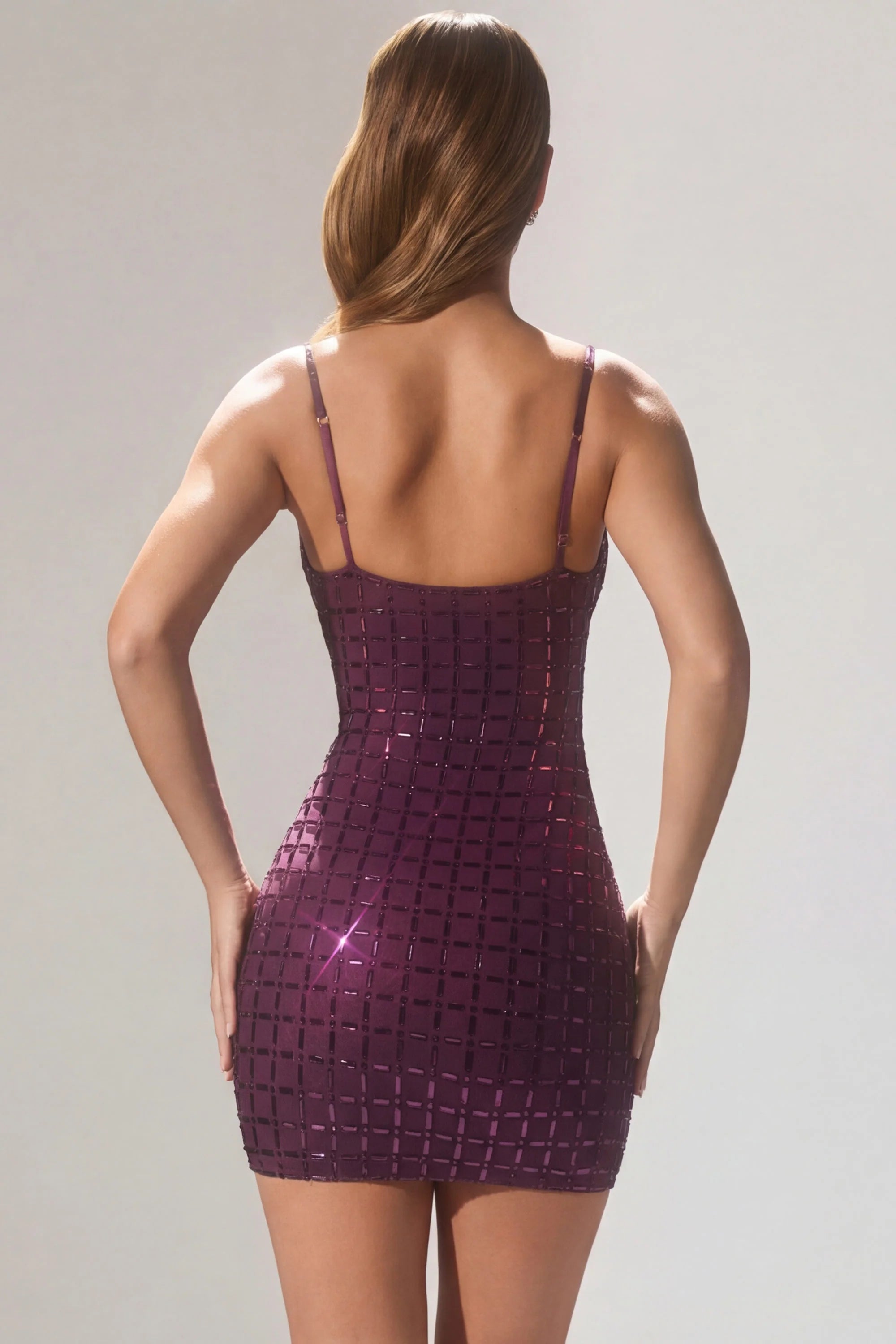 Embellished Plunge Semi Sheer Mini Dress in Deep Purple