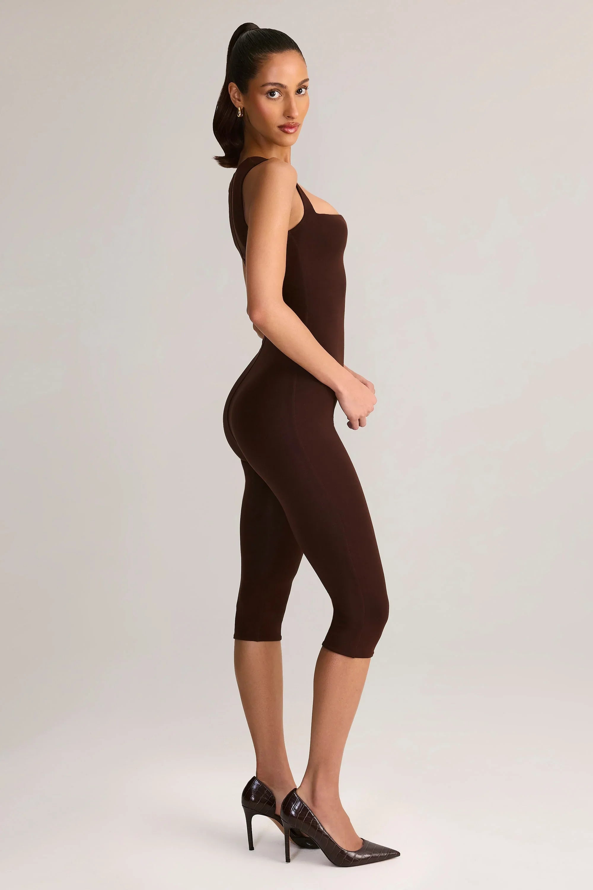 Modal Square Neck Bodycon Capri Jumpsuit in Chocolate Brown