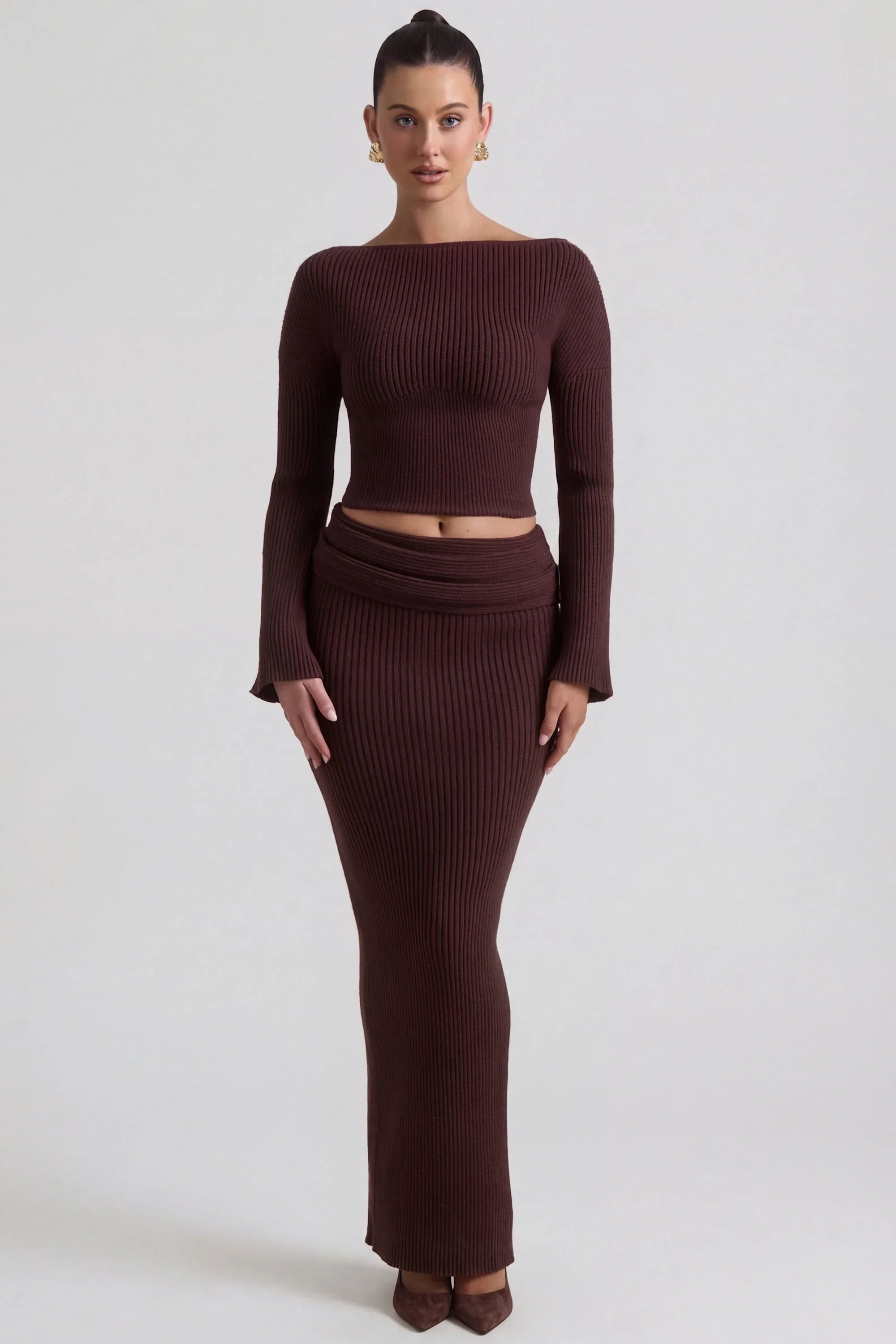 Ribbed Knit Foldover Maxi Skirt in Espresso