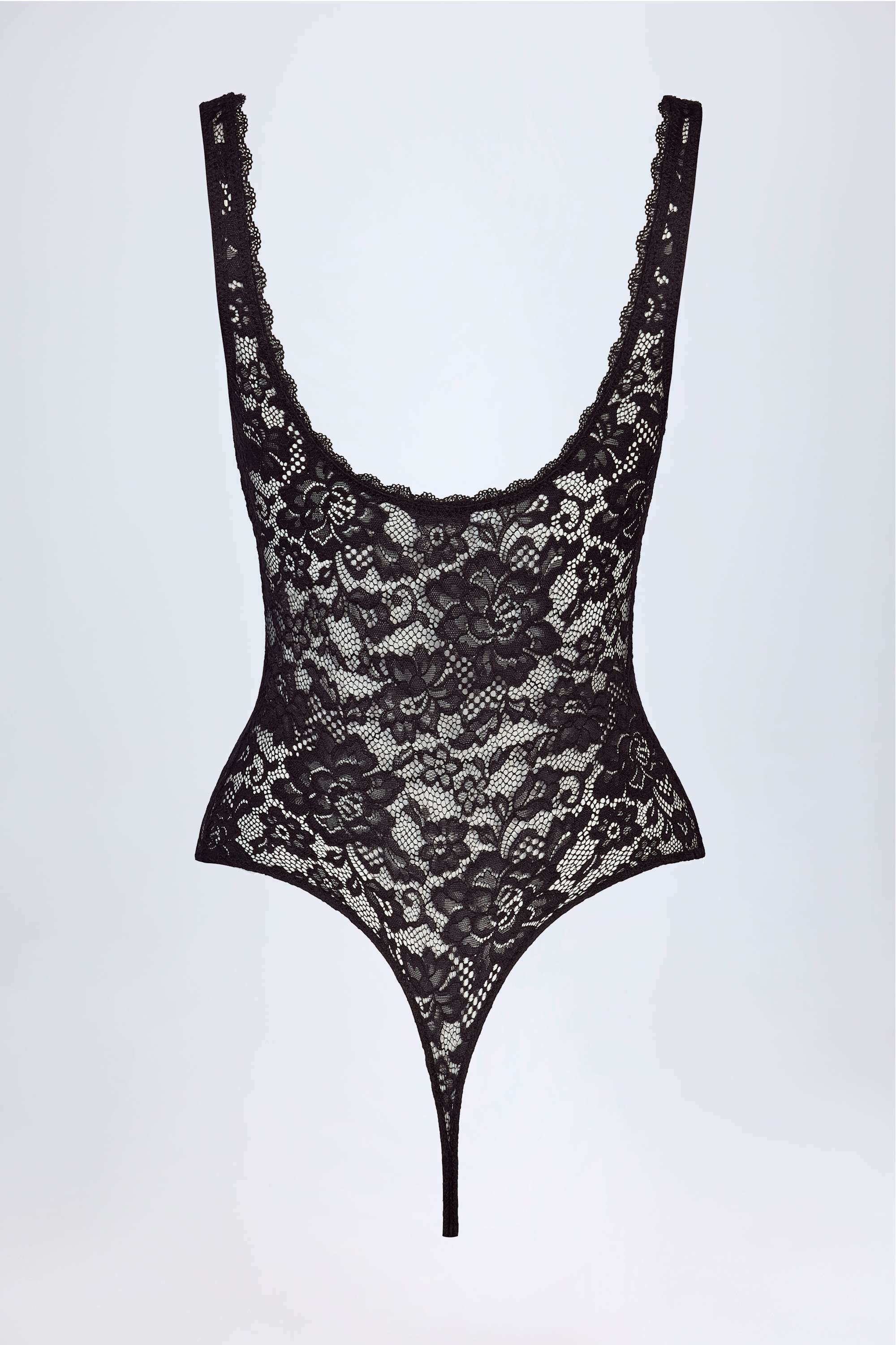 Sheer Lace Scalloped Plunge Neck Bodysuit in Black