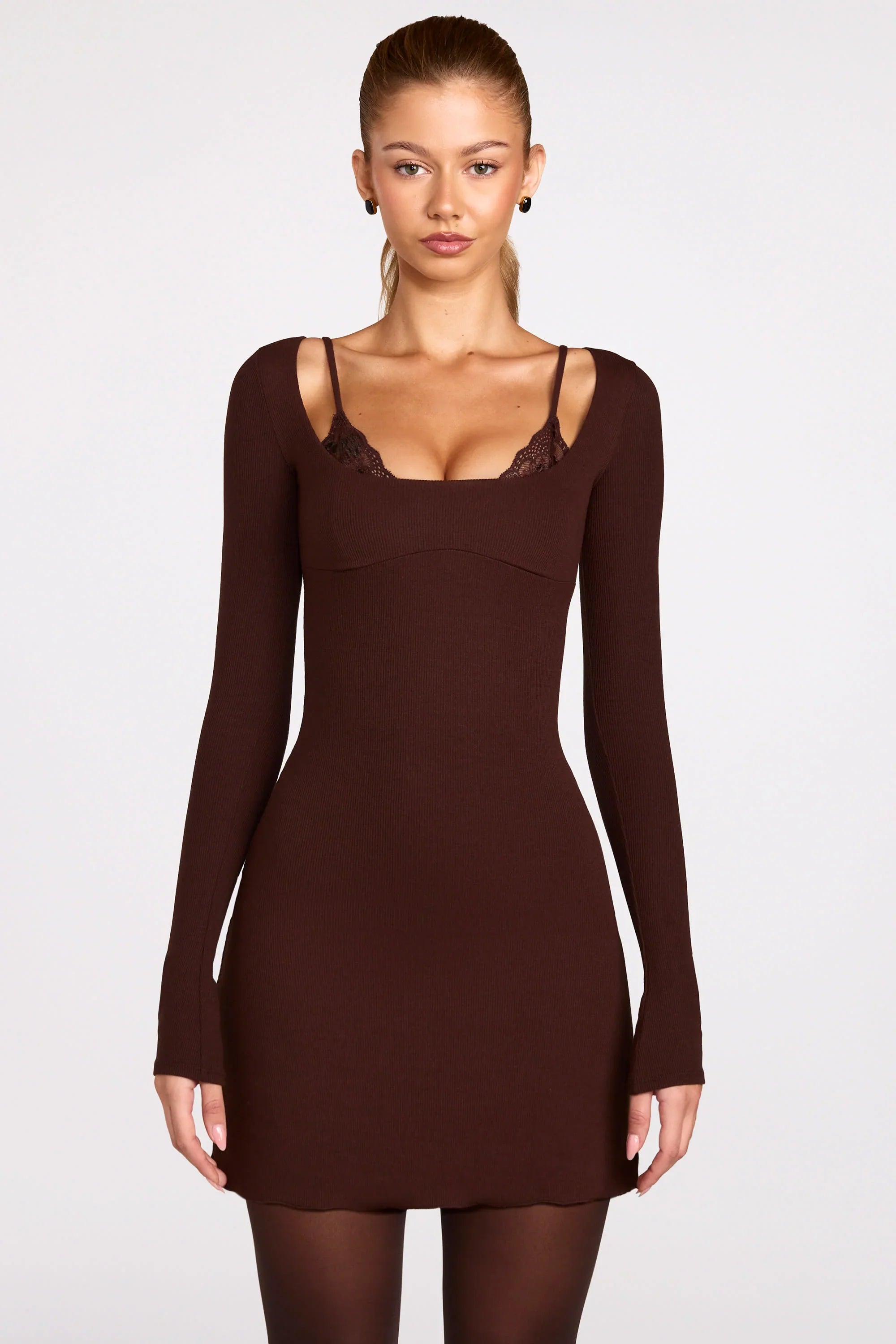 Ribbed Modal Long Sleeve Laced Bra Mini Dress in Chocolate Brown