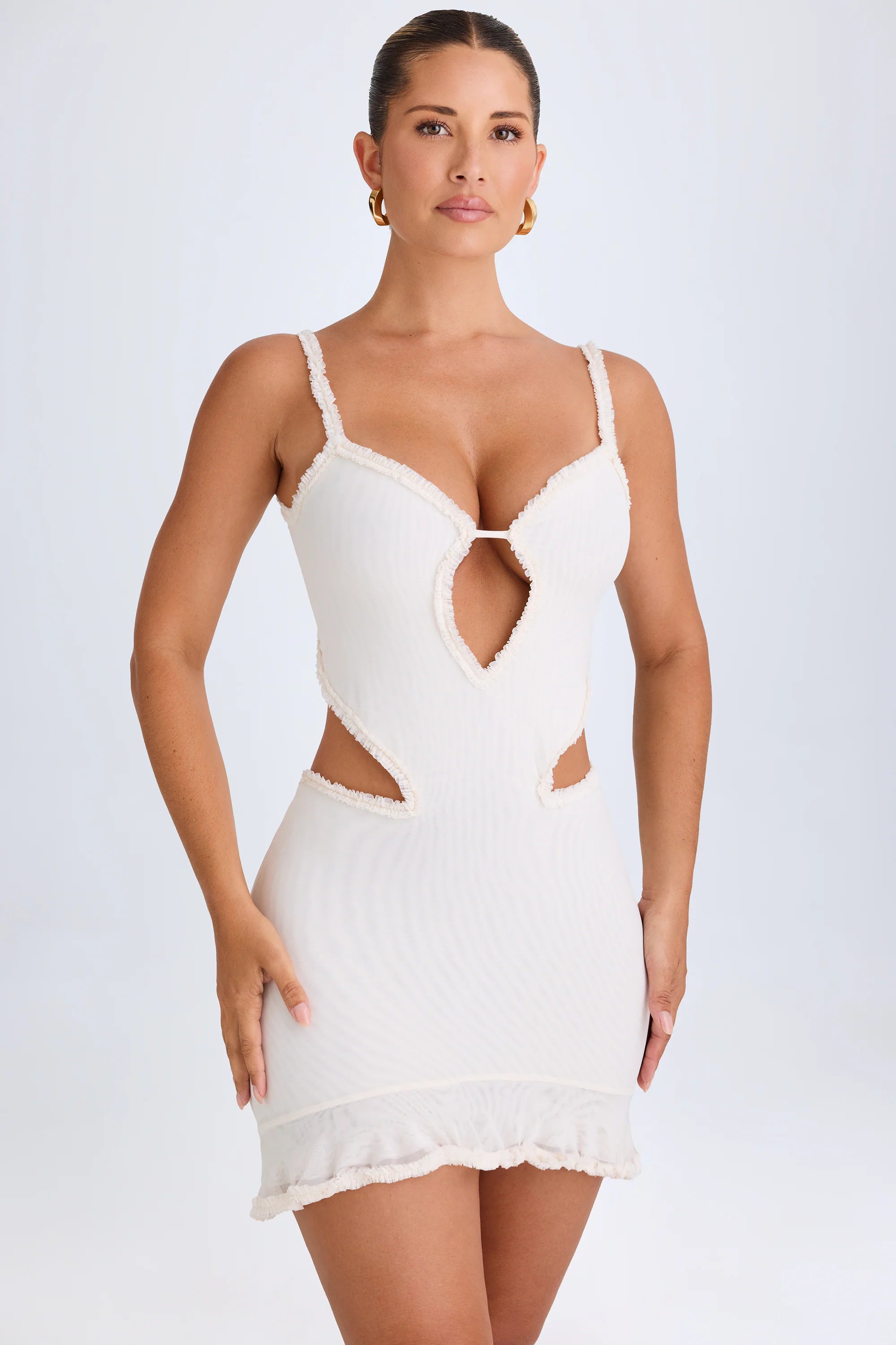 Ruffle Appliqué Cut Out Mini Dress in White