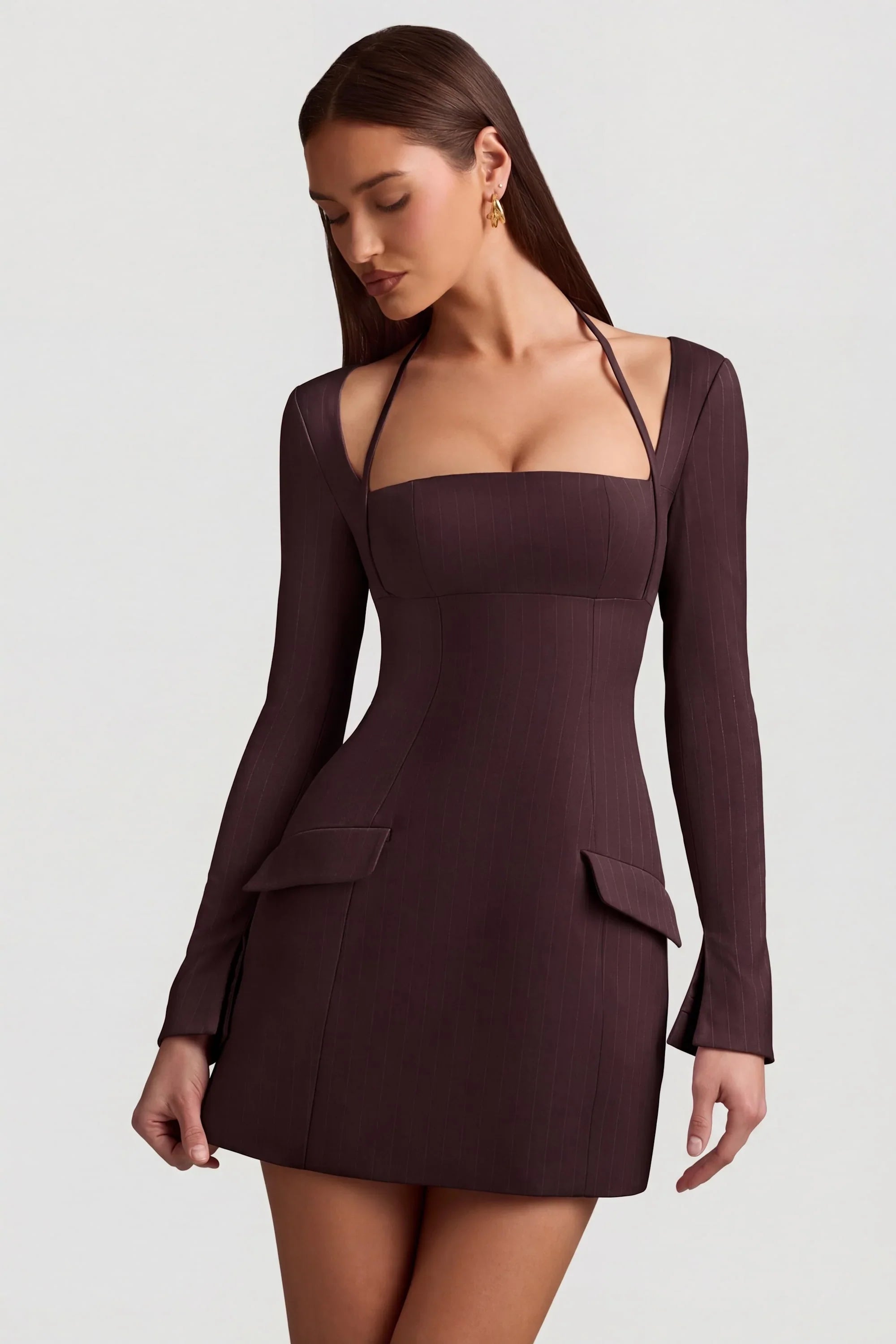 Pinstripe Structured A Line Mini Dress in Chocolate Brown