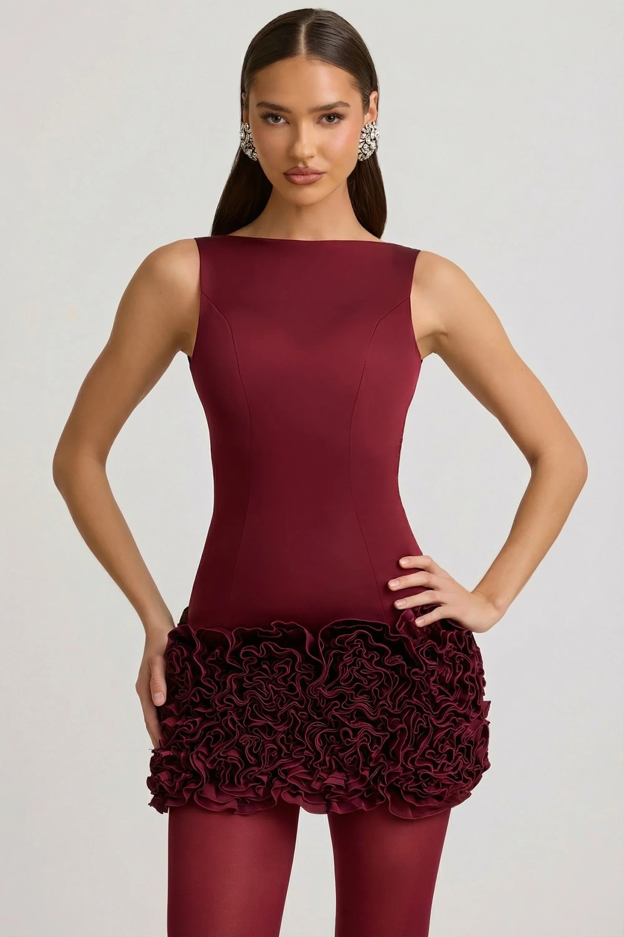 Satin Floral Appliqué Open Back Mini Dress in Wine Red