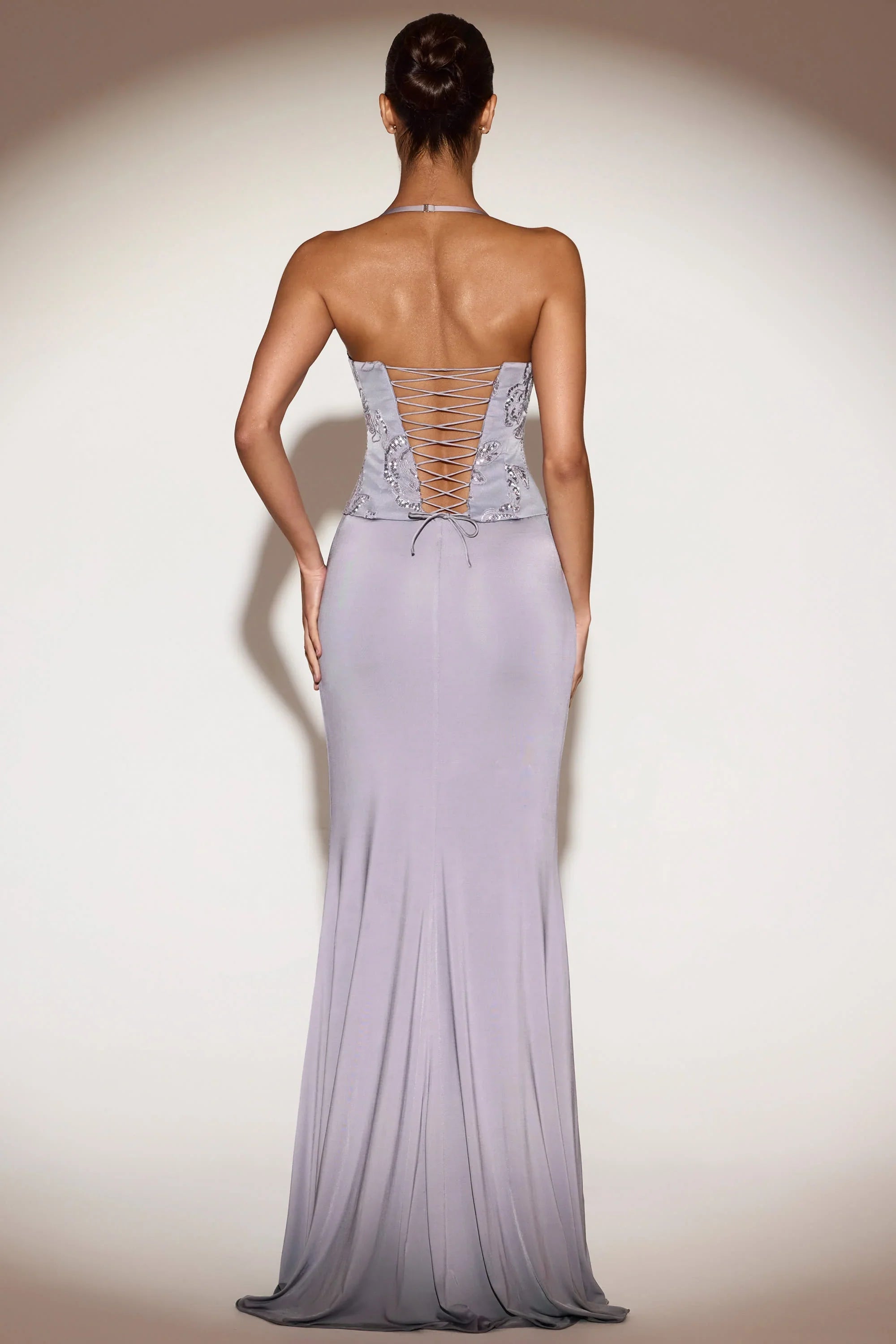 Embellished Cowl Neck Ruffled Gown Dress in Lilac