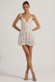Embellished Ruffled Tiered Mini Dress in White